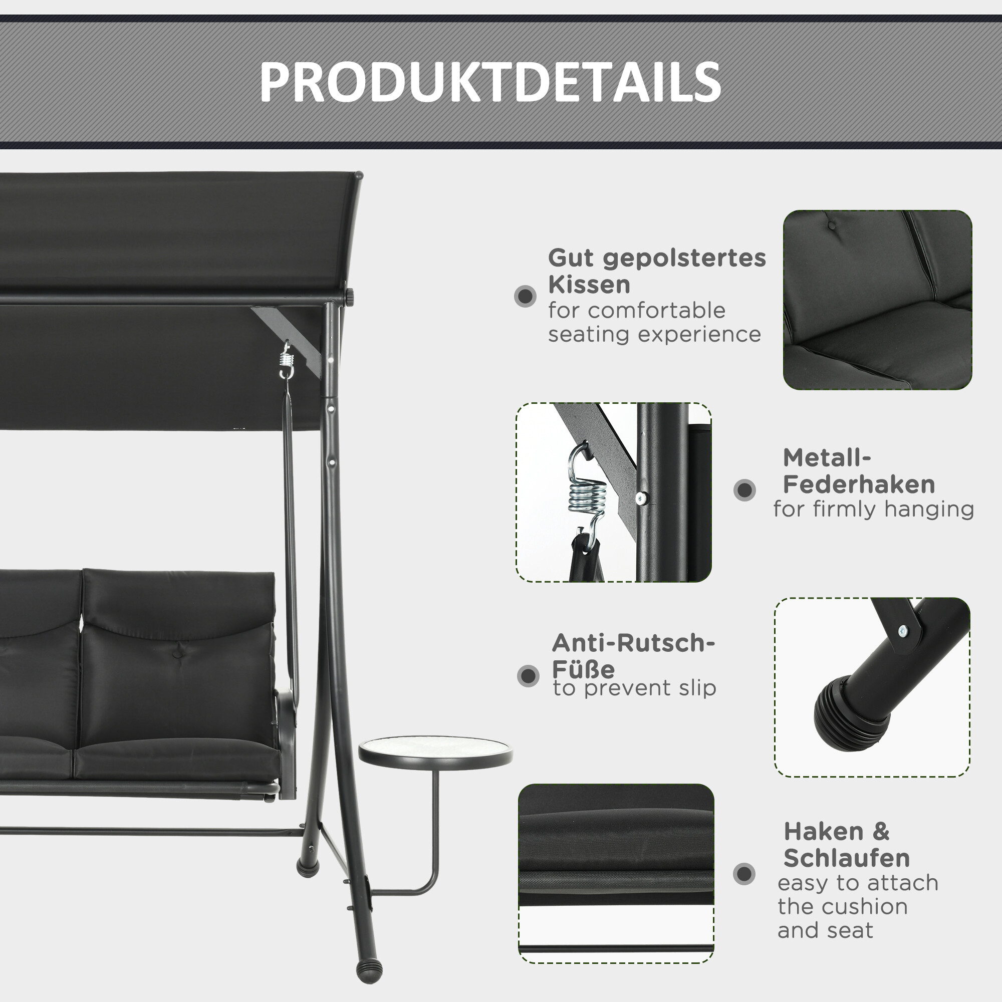 Outsunny Hollywoodschaukel schwarz Polyester B/H/L: ca. 135x177x278 cm