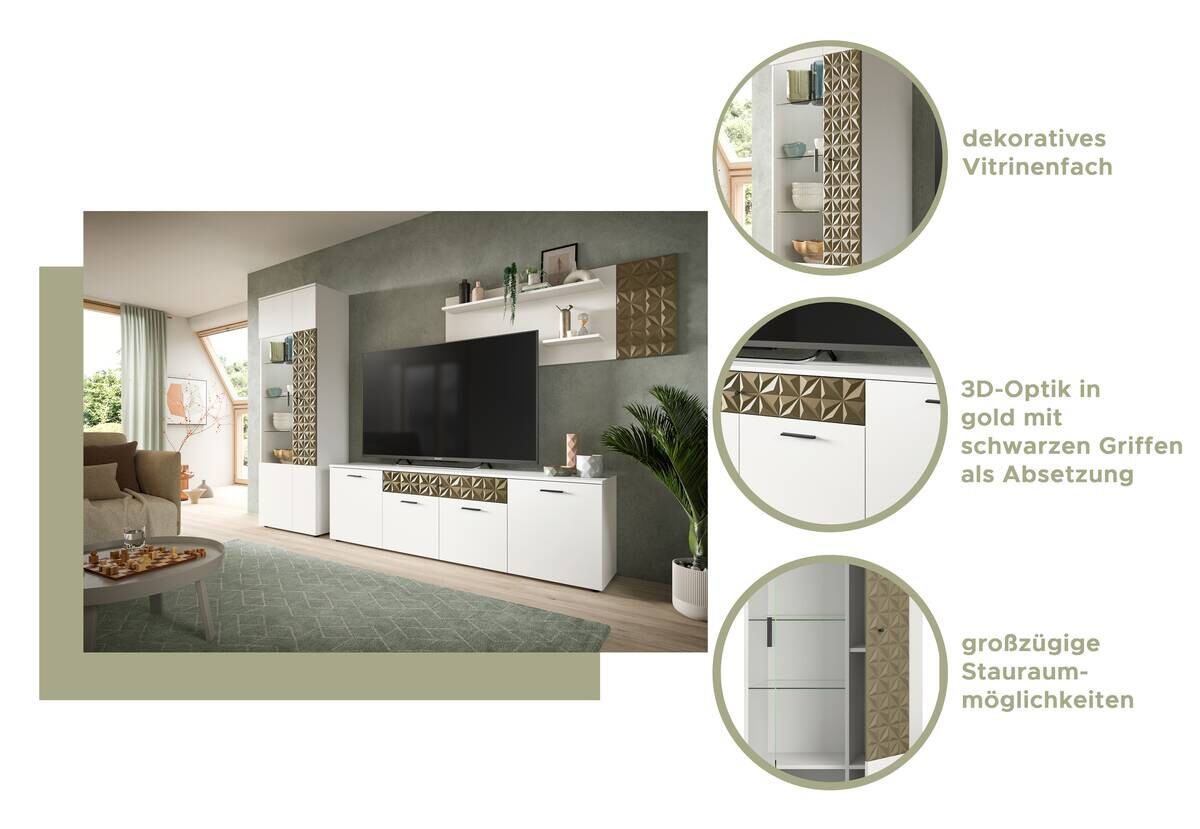 Vitrinenschrank Prisma weiß gold Optik B/H/T: ca. 70x195x37 cm