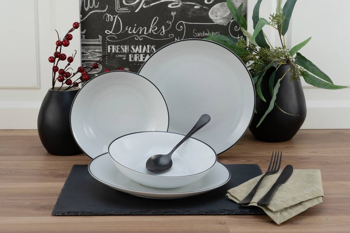 CreaTable Tafelservice Luna Black Line weiß Porzellan 12 tlg.