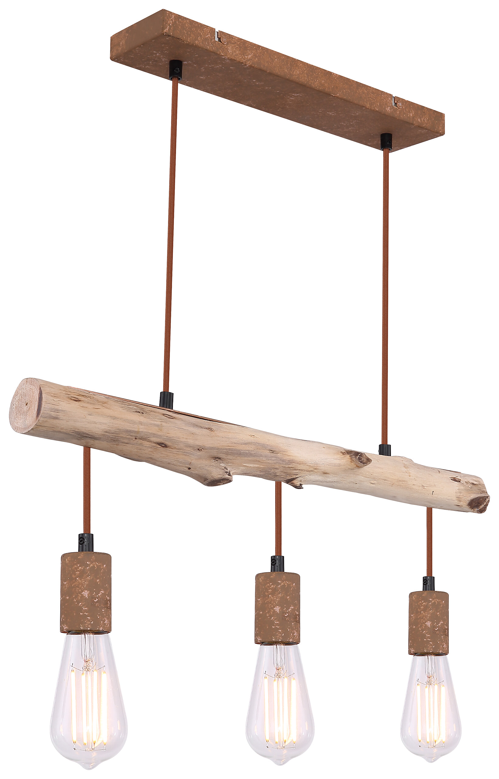 GLOBO Pendelleuchte Jakob rostfarbig Metall Echtholz B/H/T: ca. 60x120x9 cm E27 3 Brennstellen