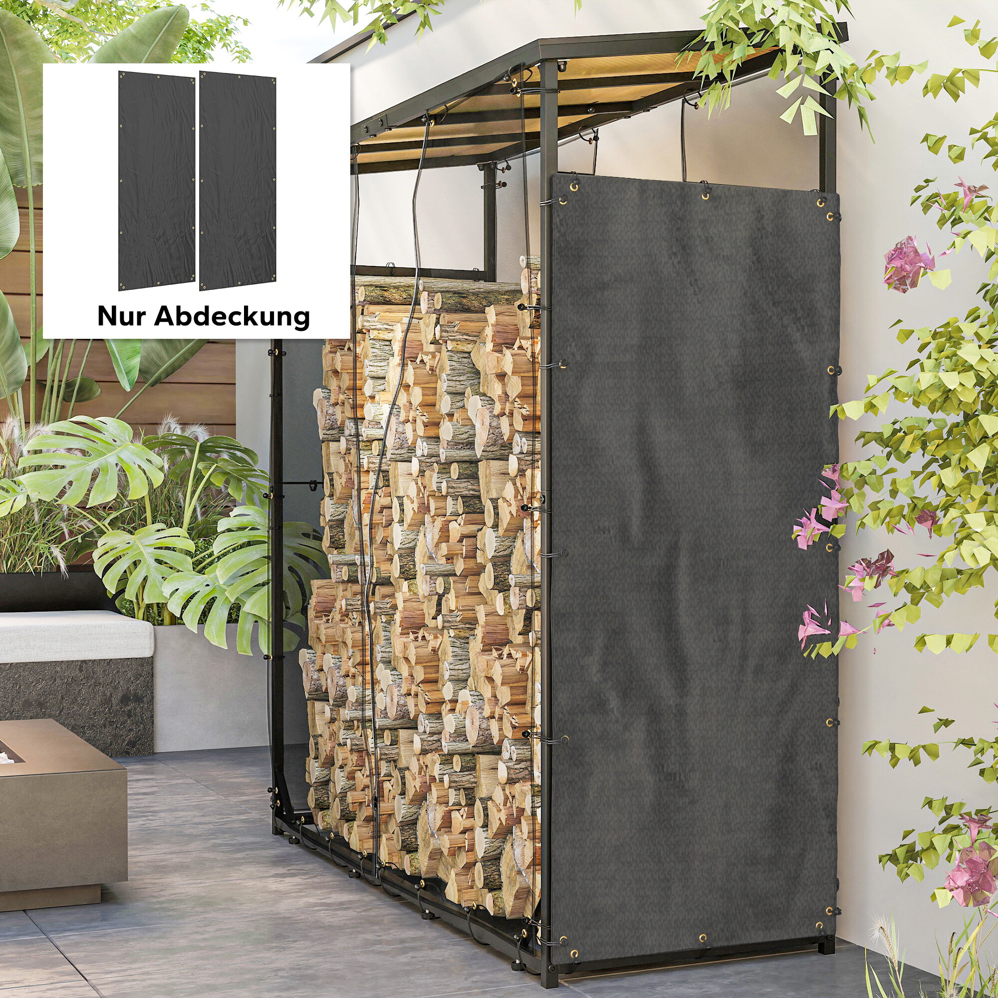 Outsunny Kaminholzregal Abdeckung schwarz Polyester B/H/L: ca. 62x0,1x148 cm