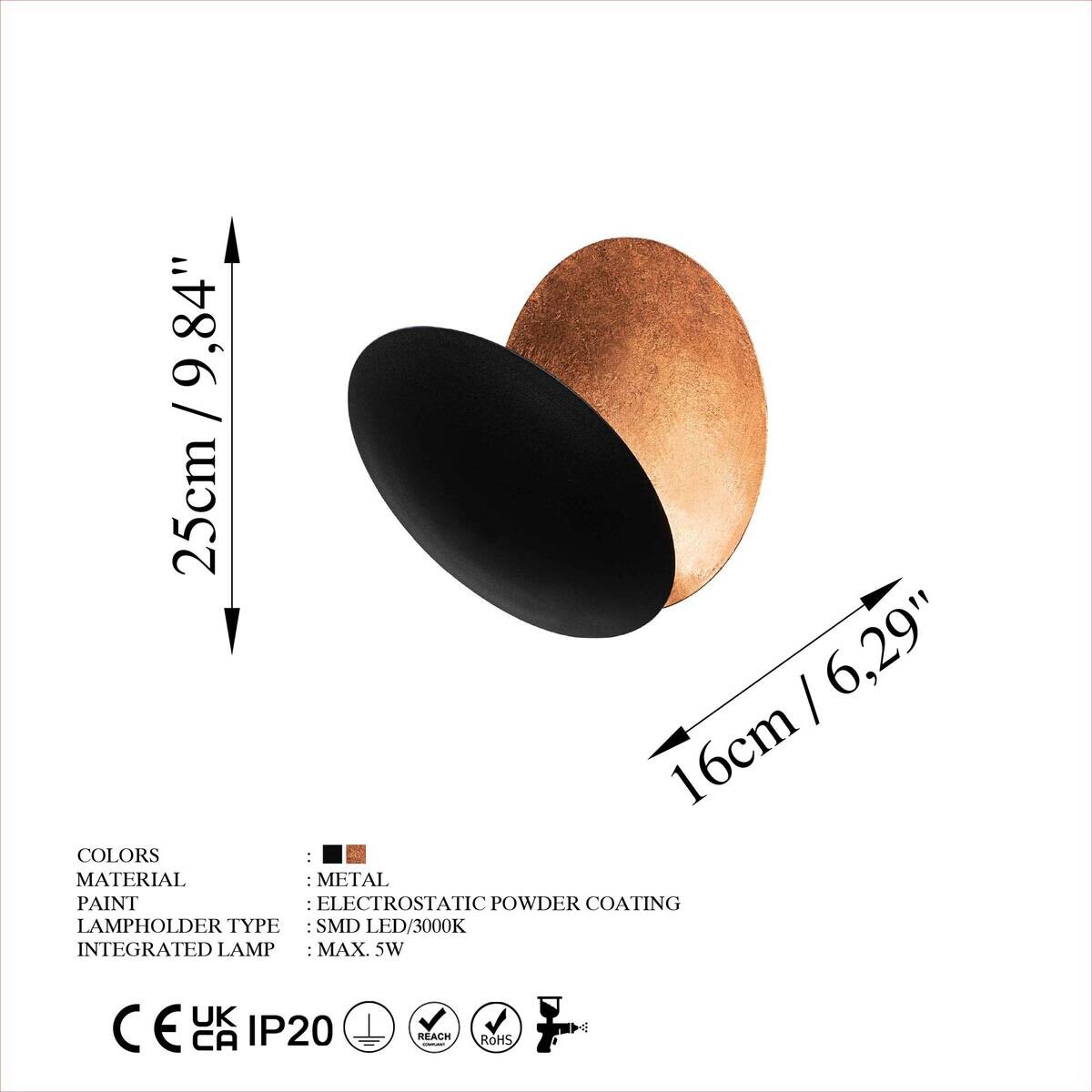 Opviq Wandleuchte Yosma-13639 schwarz Kupfer Metall B/H/T/L: ca. 16x25x16x25 cm