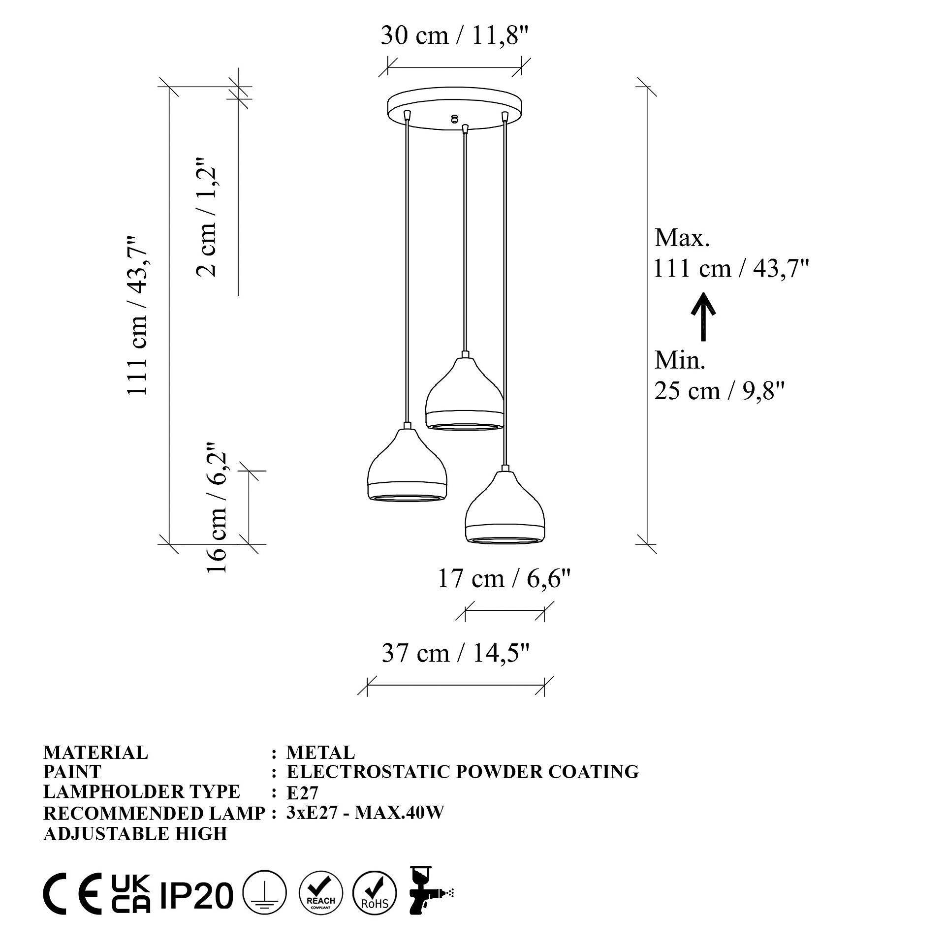 Opviq Pendelleuchte Yldo weiß B/H/T/L: ca. 37x111x17x37 cm E27 3 Brennstellen