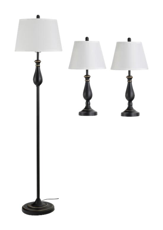 HOMCOM 3er Lampenset schwarz weiß Metall Polyester-Mischgewebe Stoff B/H/L: ca. 38x158x38 cm E27 3 Brennstellen