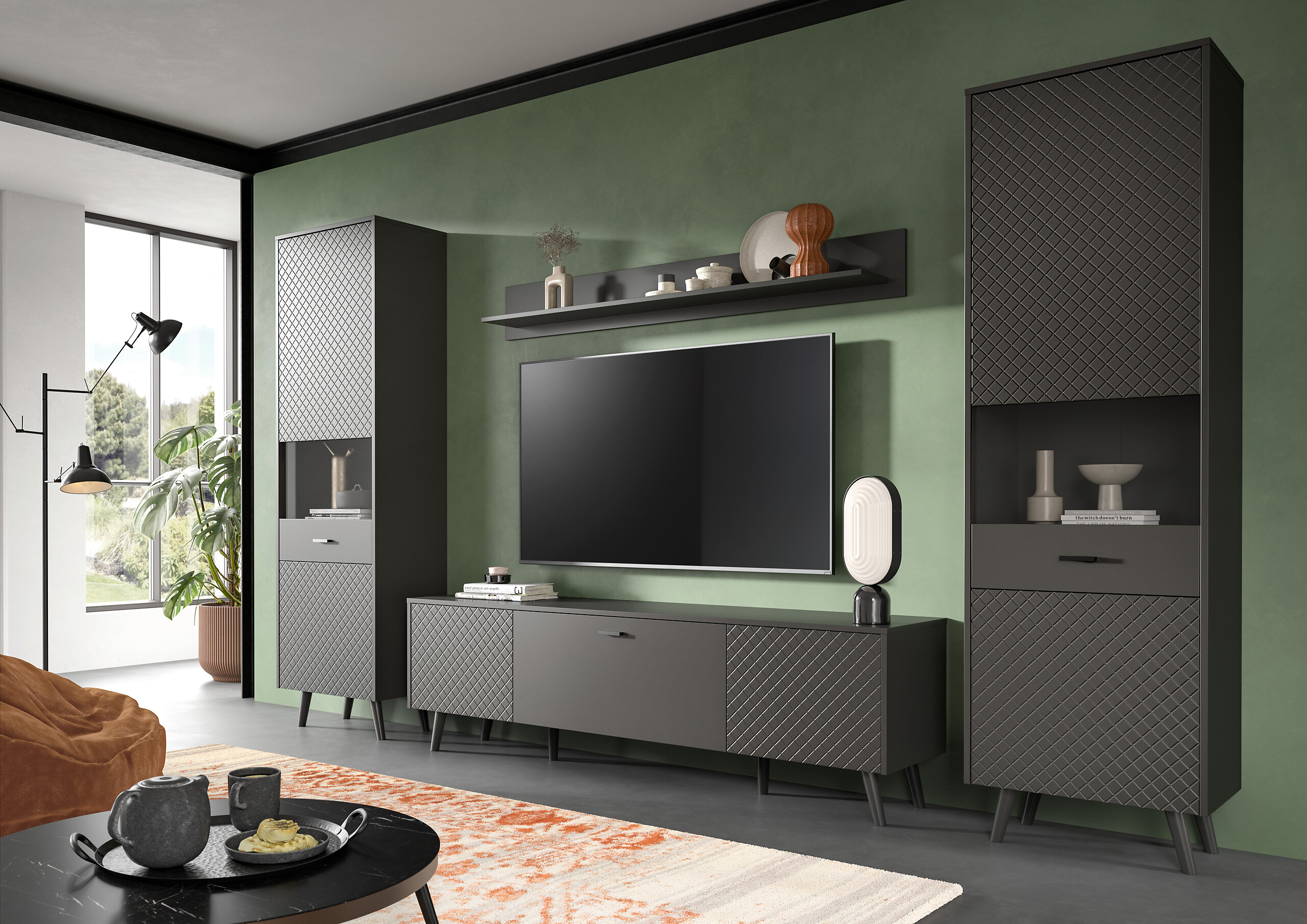 Wohnwand LINEA grau schwarz B/H/T: ca. 331x195x40 cm