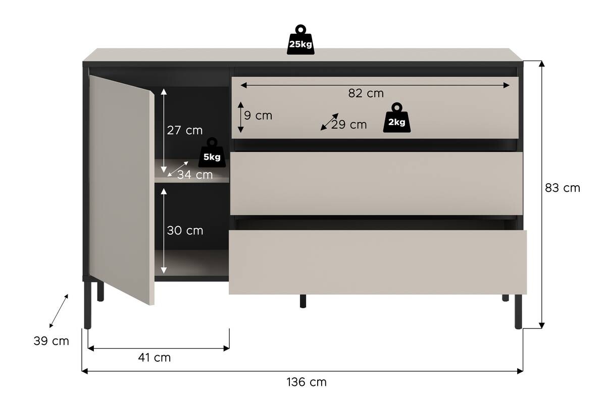 Sideboard Tron Kaschmirgrau Nachbildung schwarz B/H/T: ca. 136x83x38 cm