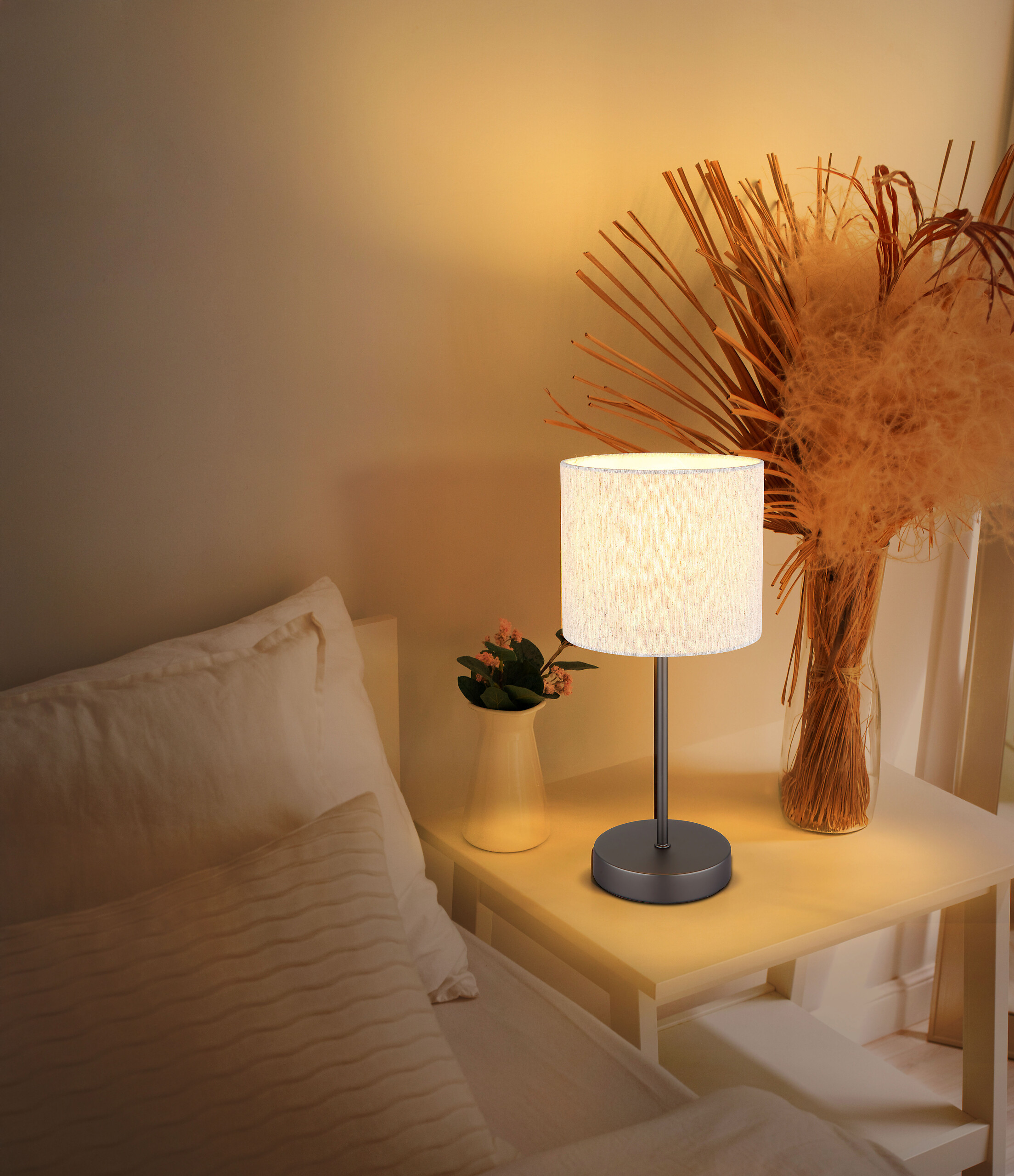 GLOBO Tischleuchte schwarz Leinen Metall H/D: ca. 37x17 cm E27 1 Brennstellen