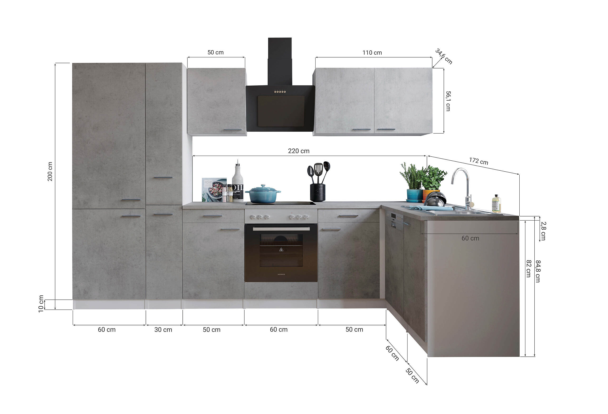 Respekta Winkelküche Malia Beton Optik B/H/T: ca. 310x200x172 cm