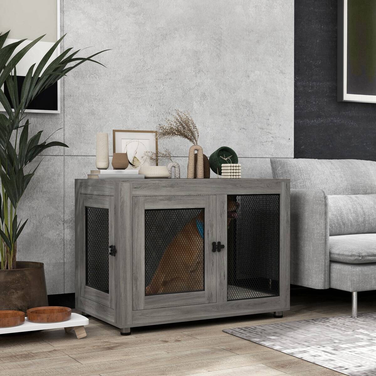 PawHut Hundekäfig grau Spanplatte B/H/L: ca. 60x71,5x94 cm