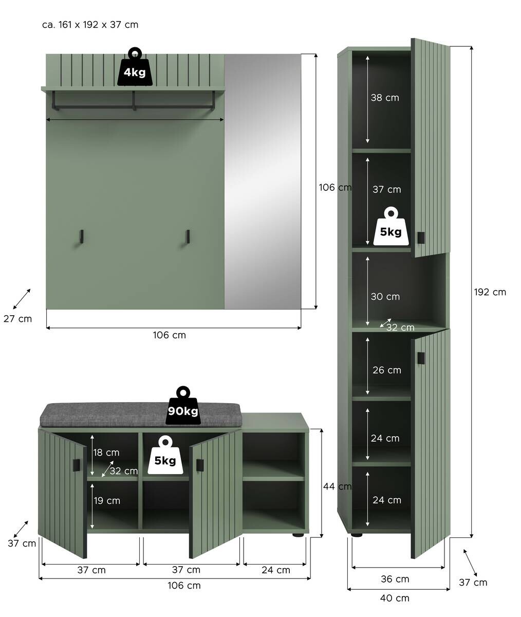 Garderobenset STATION grün B/H/T: ca. 161x192x37 cm
