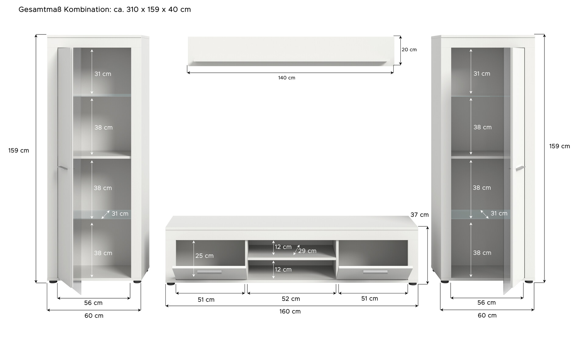 Wohnwand Jam weiß B/H/T: ca. 310x159x35 cm
