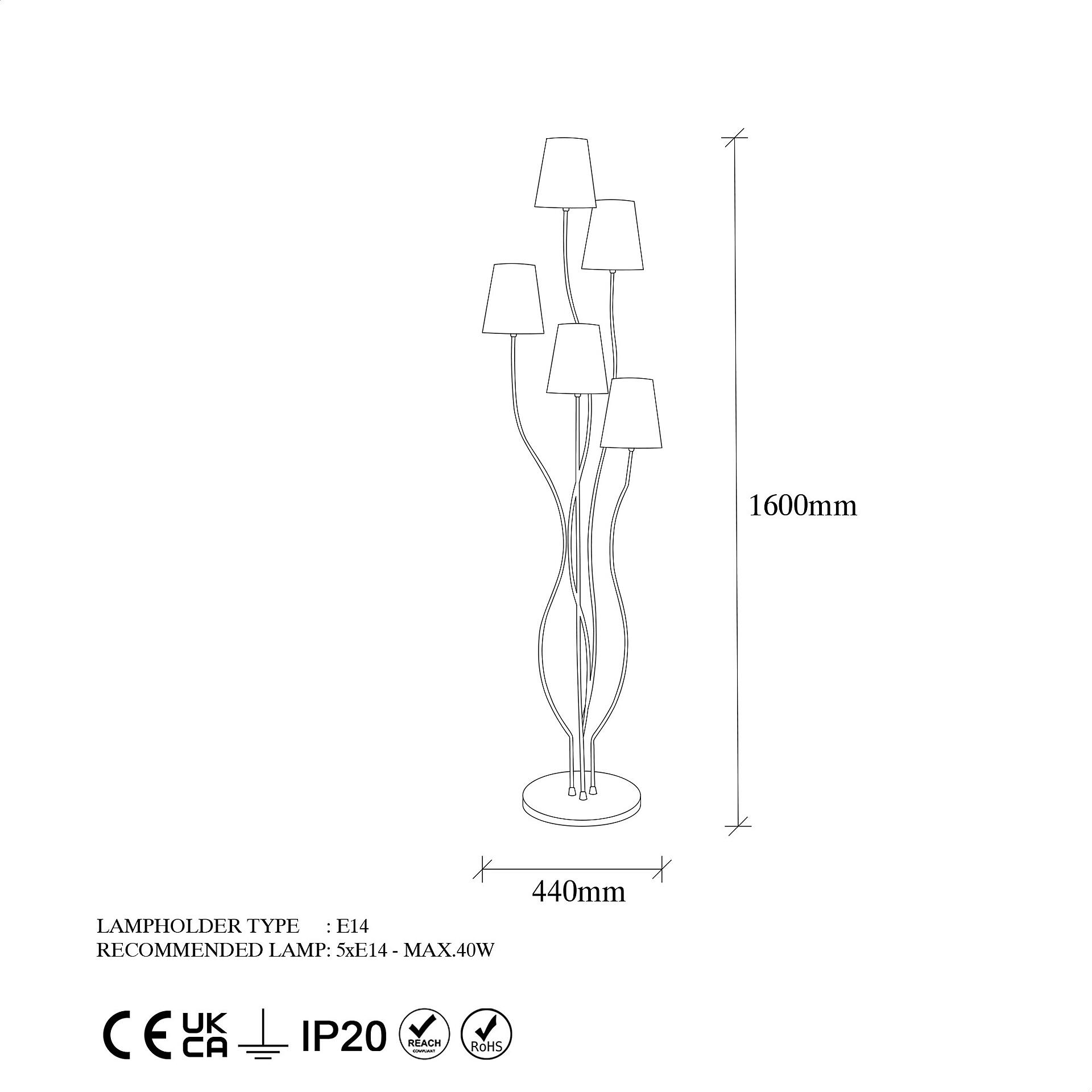 Opviq Stehleuchte mehrfarbig Metall B/H/T/L/D: ca. 44x160x44x44x44 cm E14 5 Brennstellen