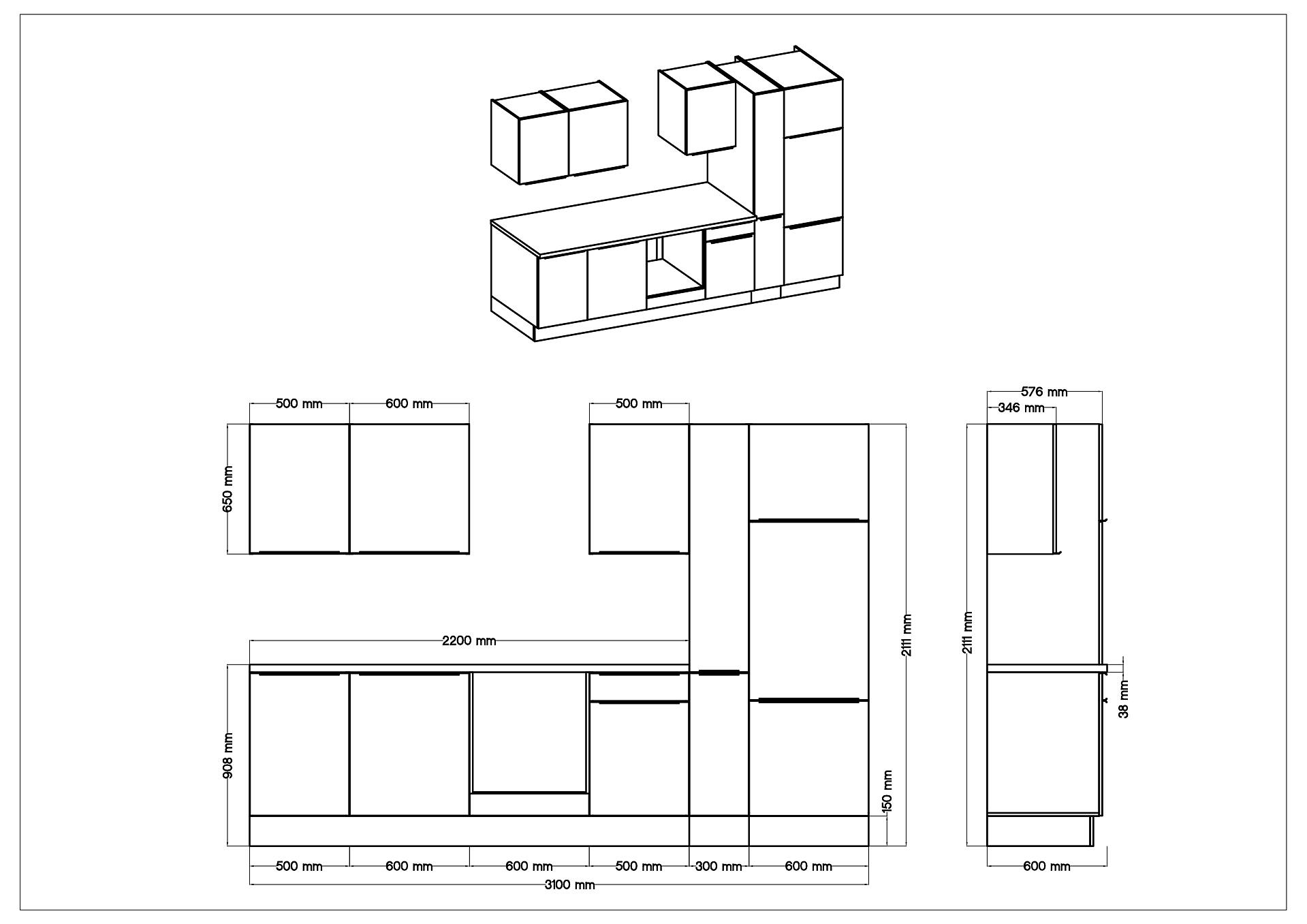 Respekta Küchenblock Marleen grau matt B/H/T: ca. 310x211x60 cm