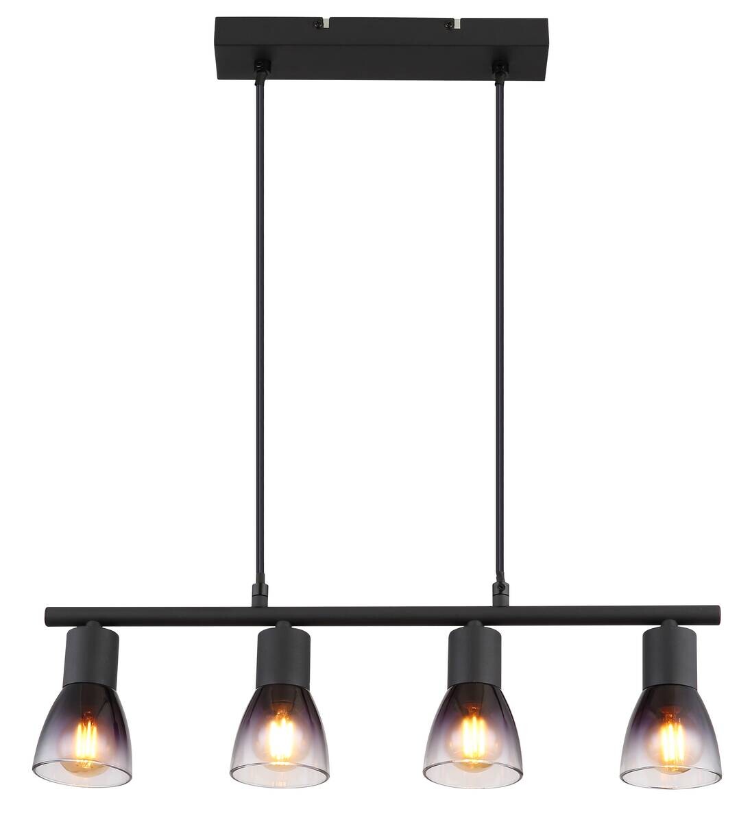 GLOBO Pendelleuchte klar Rauch mattschwarz Metall Glas B/H/T: ca. 52x120x7,2 cm E14 4 Brennstellen