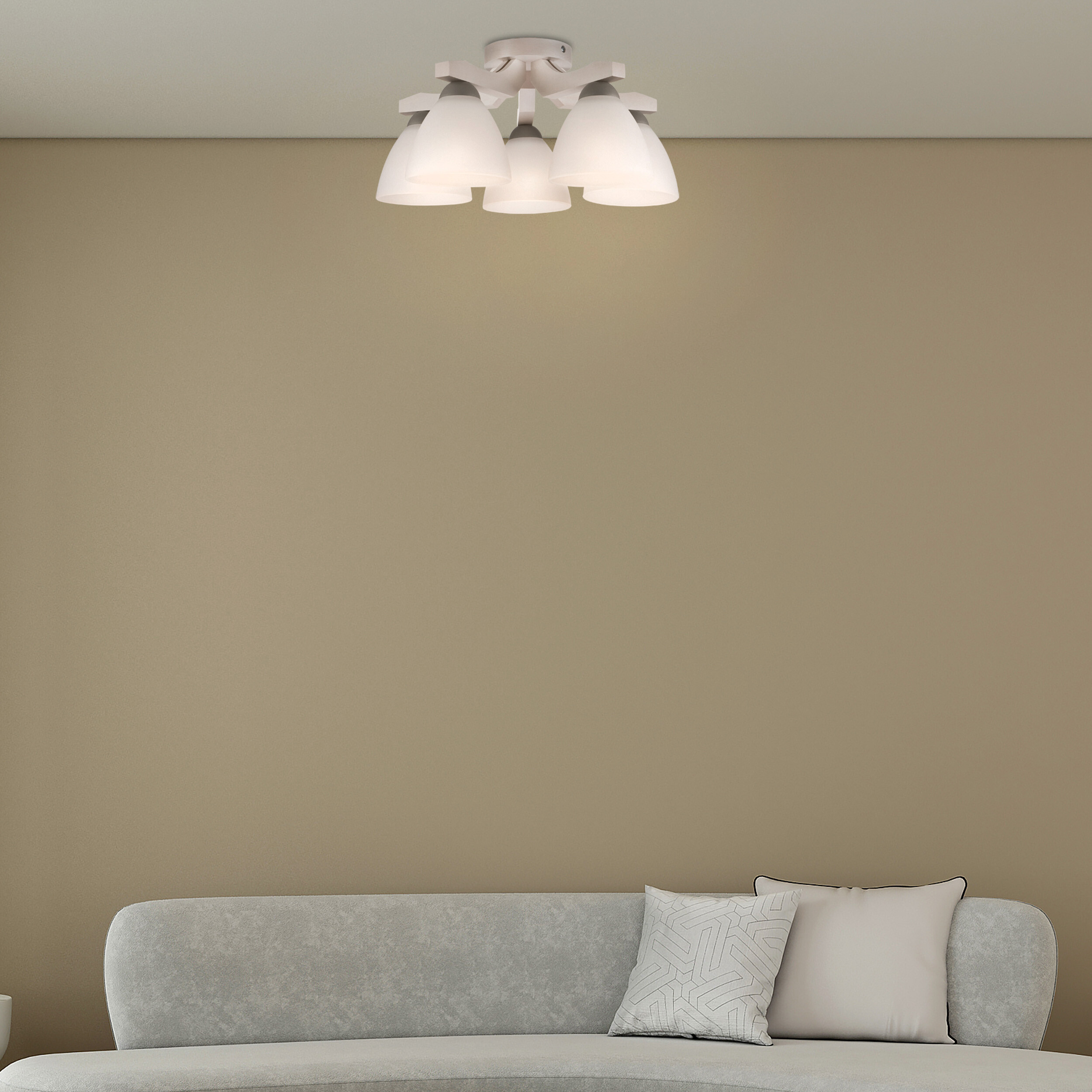 Lamkur Deckenleuchte buche weiß Stahl Glas Holz B/H/L: ca. 37x23x37 cm 5 Brennstellen