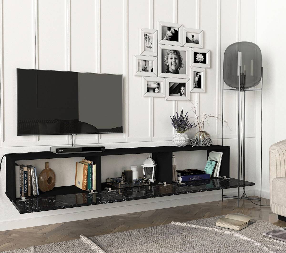 TV-Lowboard Damla schwarz Marmor Optik B/H/T: ca. 180x29,5x29,5 cm