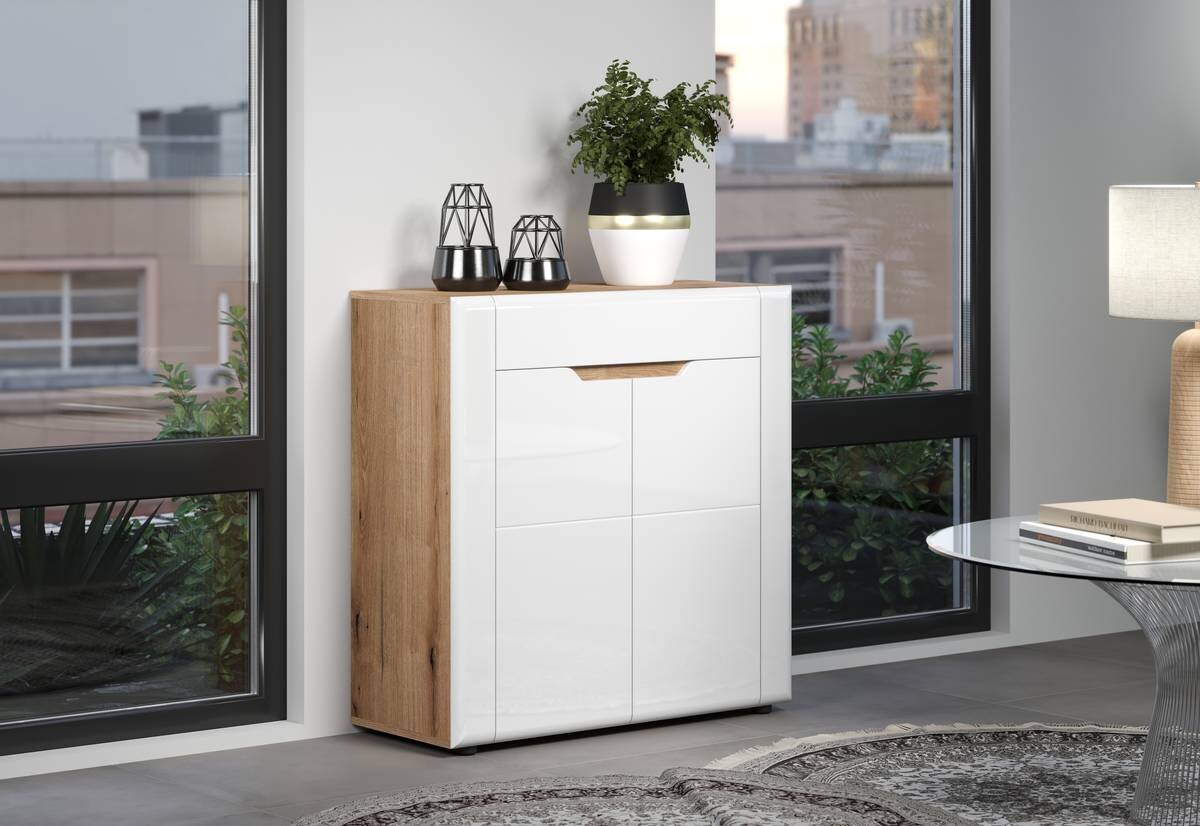 Schubkastenkommode Marlon Eiche Evoke Coast Nachbildung weiß Hochglanz B/H/T: ca. 91x91x38 cm