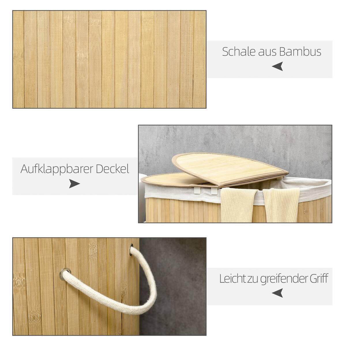 HOMCOM Wäschekorb natur Polypropylen B/H/L: ca. 37x62,5x60,5 cm