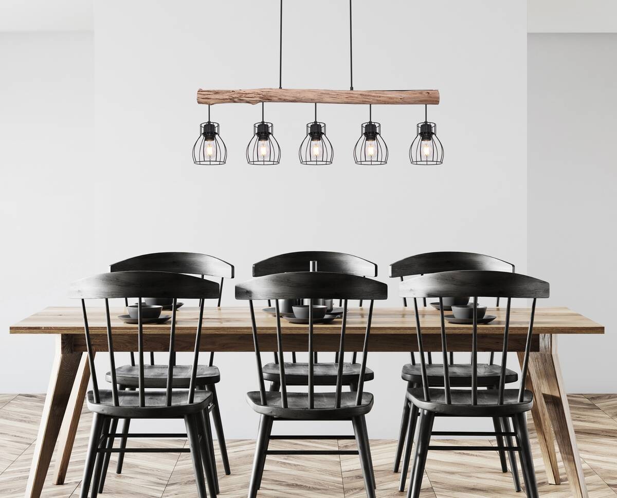 GLOBO Pendelleuchte Mina natur schwarz Holz Metall B/H: ca. 104x140 cm E27 5 Brennstellen