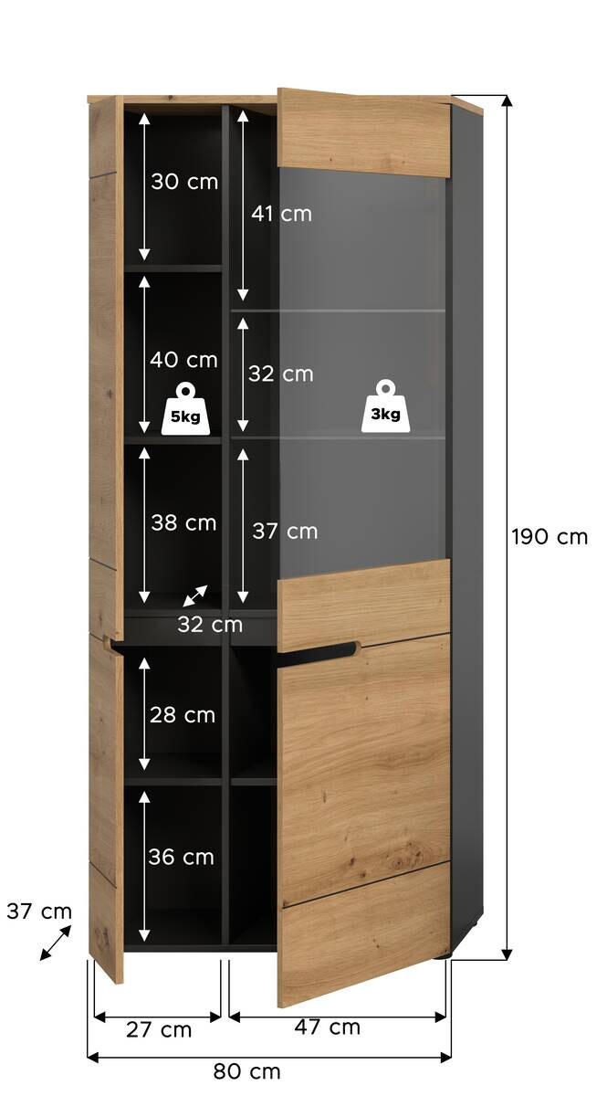 Vitrine Canu basaltgrau Nachbildung Artisan Oak Nachbildung B/H/T: ca. 190x80x37 cm