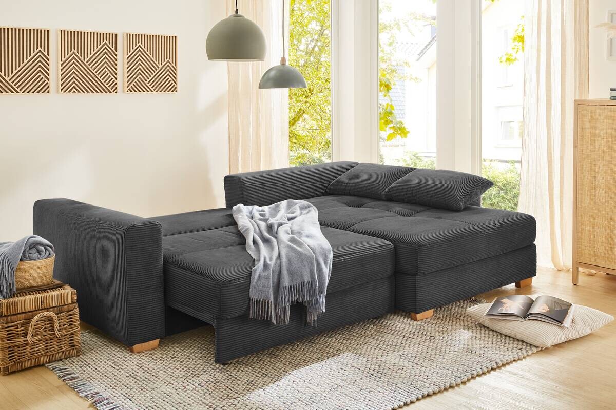 Ecksofa mit Bettfunktion und Bettkasten grau Velourstoff B/H/T: ca. 288x86x186 cm Ecksofa mit Bettfunktion und Bettkasten grau Velourstoff B/H/T: ca. 288x86x186 cm