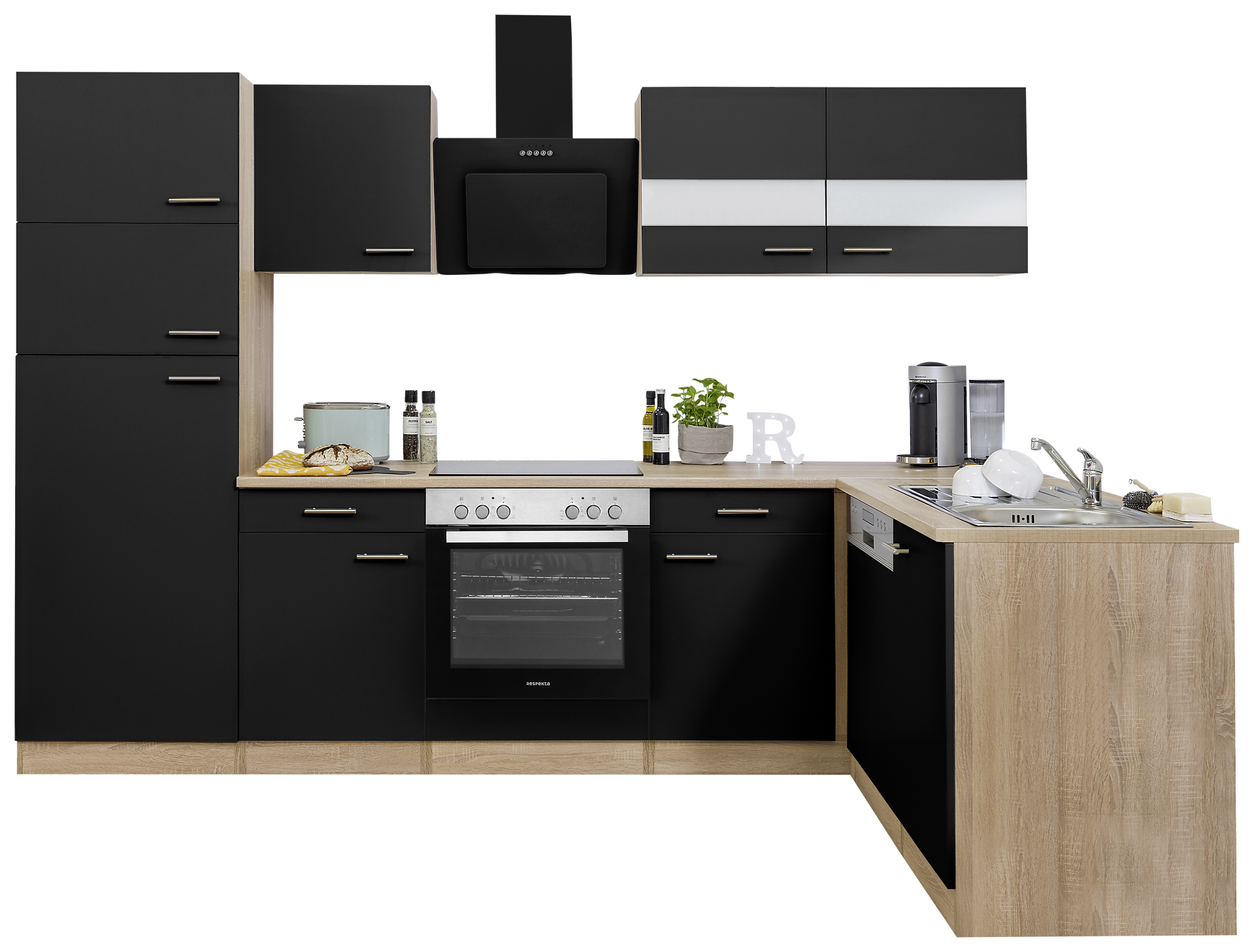 Respekta Winkelküche Economy schwarz matt B/H/T: ca. 280x200x172 cm