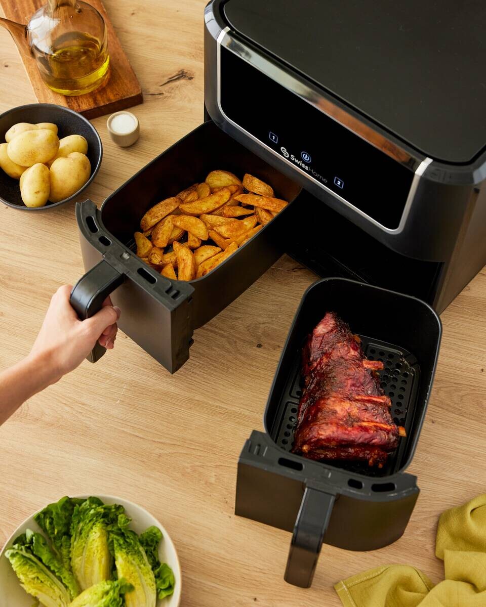 SWISS HOME Doppel-Heißluftfritteuse SH-6931 schwarz Kunststoff B/H/L: ca. 24x28x32 cm ca. 3 l