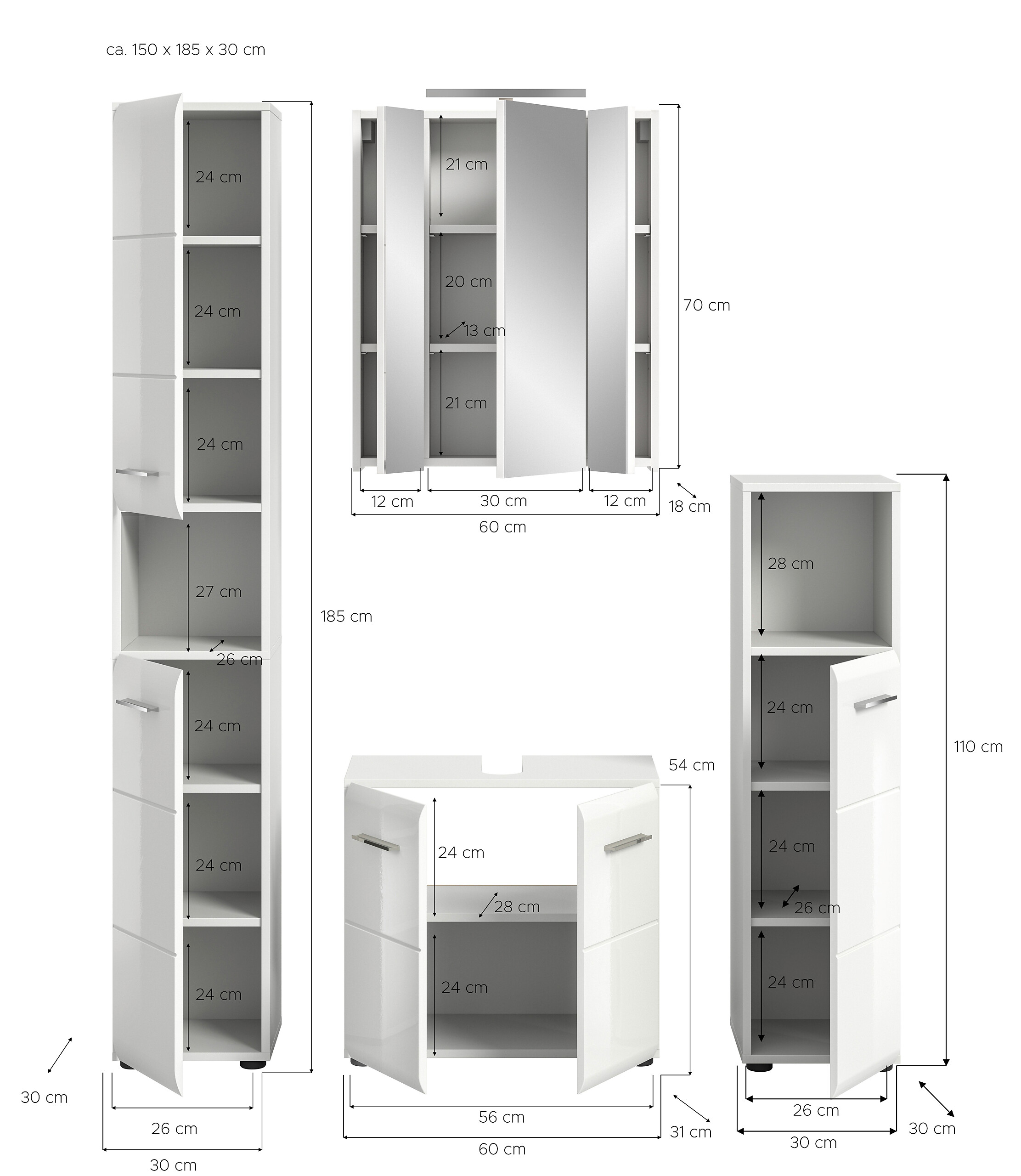 Badezimmer-Set Ice weiß weiß Hochglanz B/H/T: ca. 150x185x30 cm