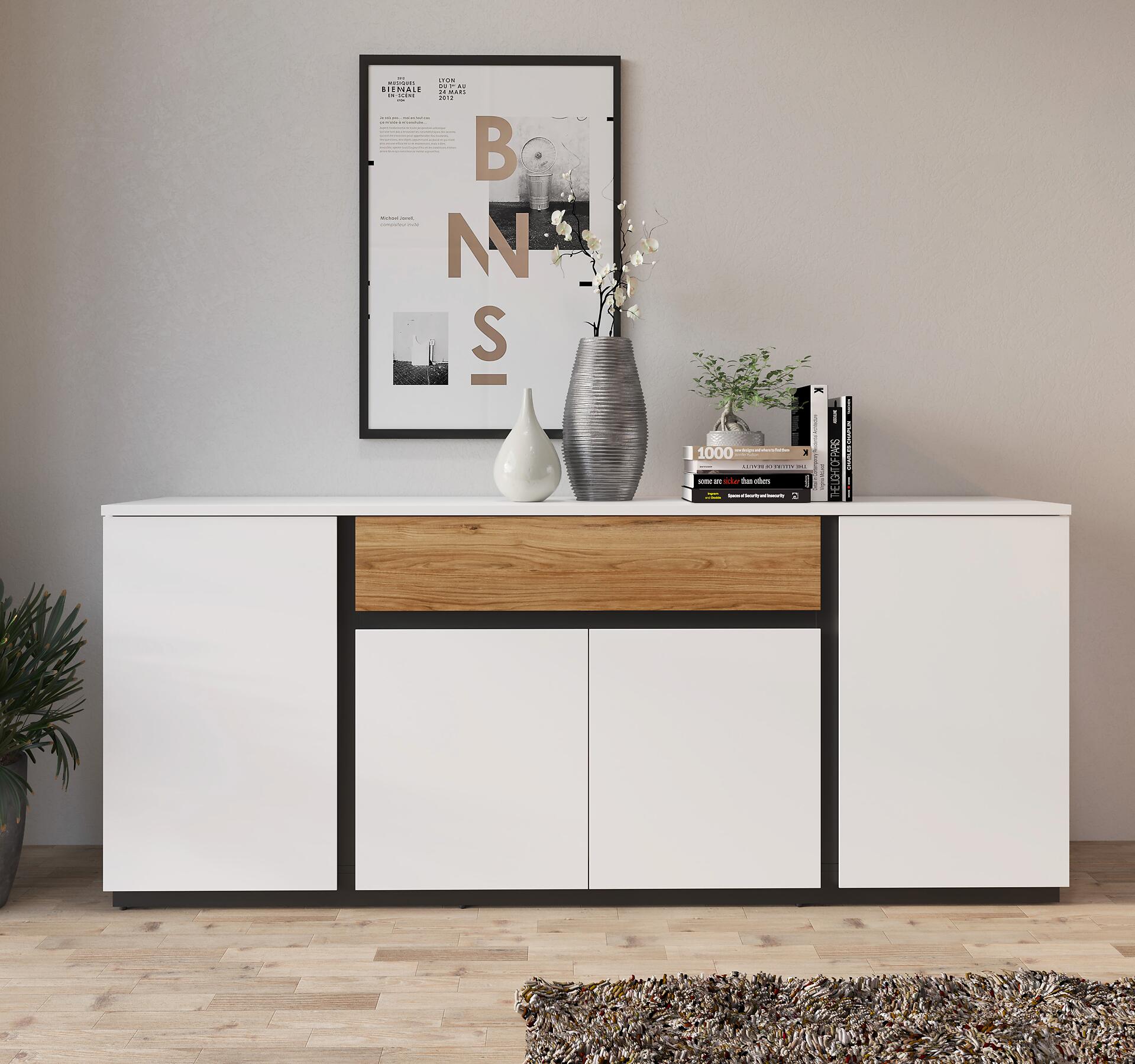 Sideboard Novena weiß Eiche Catania Nachbildung schwarz matt B/H/T: ca. 209x87x40 cm
