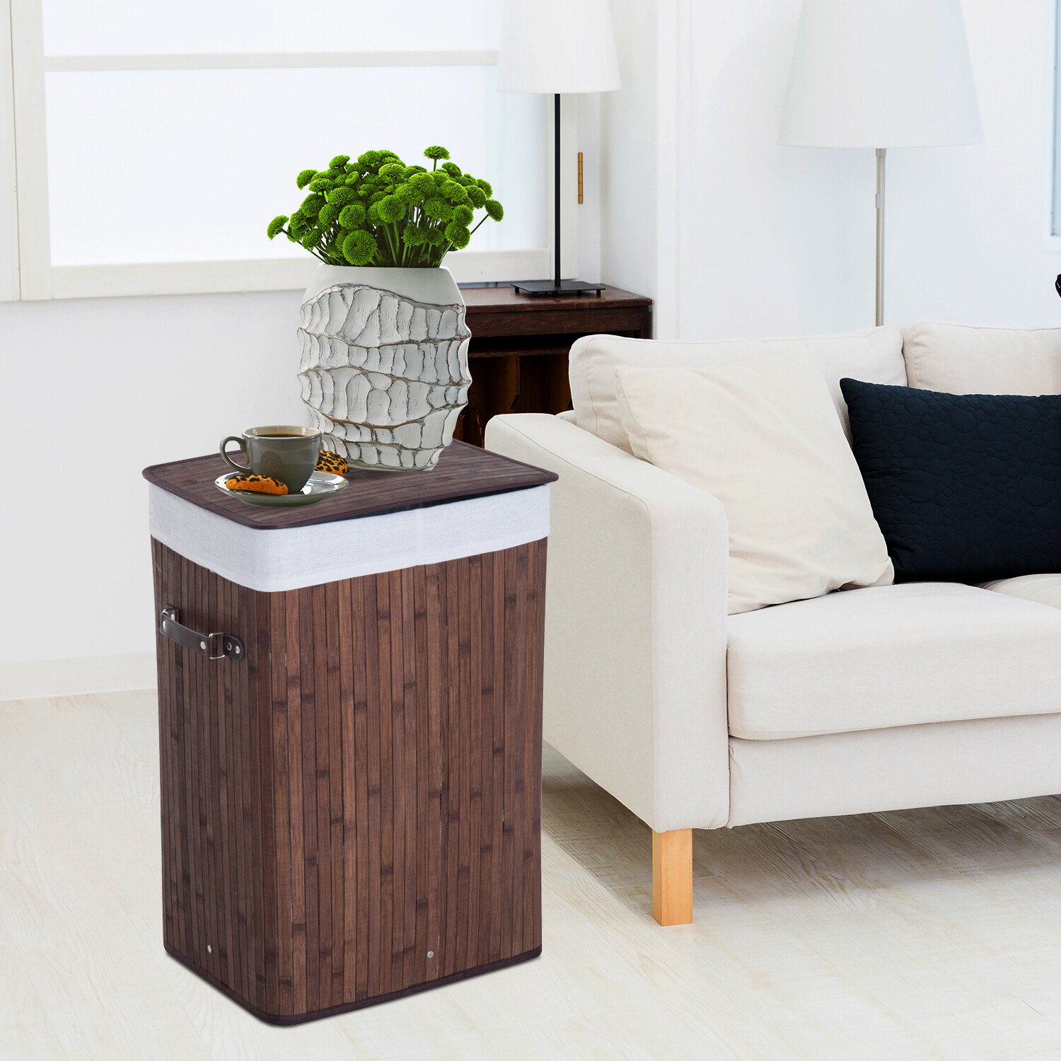 HOMCOM Wäschekorb mit 2 Tragegriffen dunkelbraun Bambus Stoff Kunststoff B/H/L: ca. 30x60x40 cm