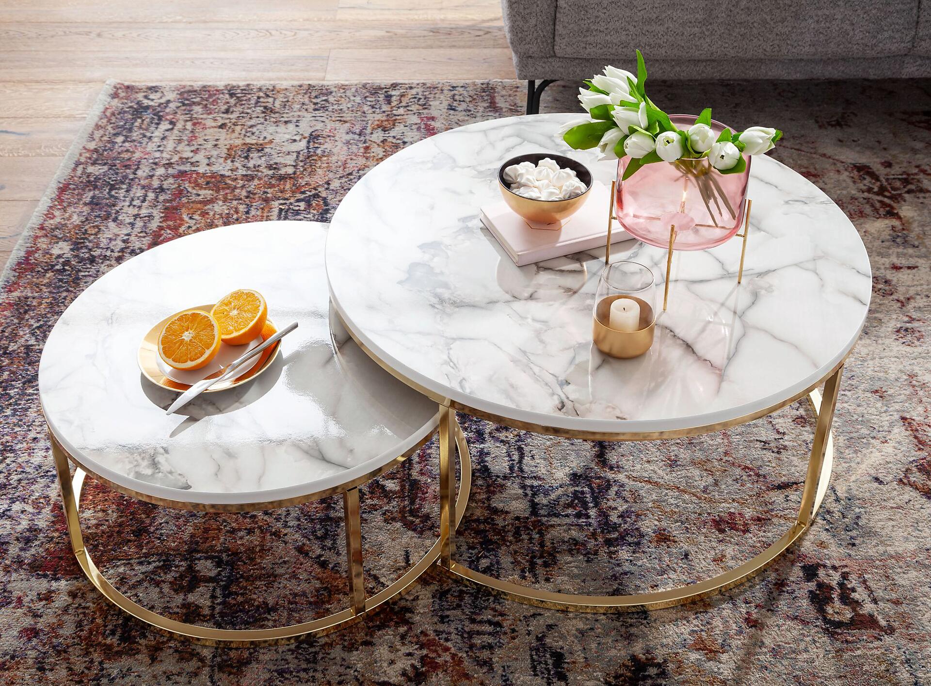 Wohnling Couchtisch 2er-Set weiß Marmor gold MDF Stahl