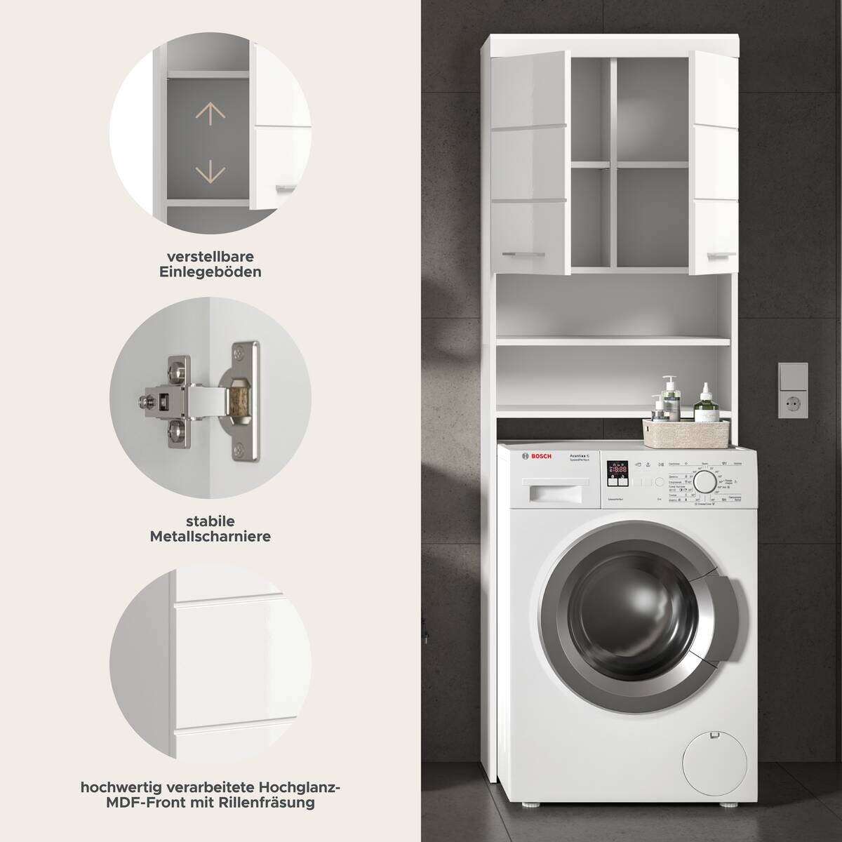 Waschmaschinenumbauschrank Scout weiß weiß Hochglanz B/H/T: ca. 63x191x24 cm