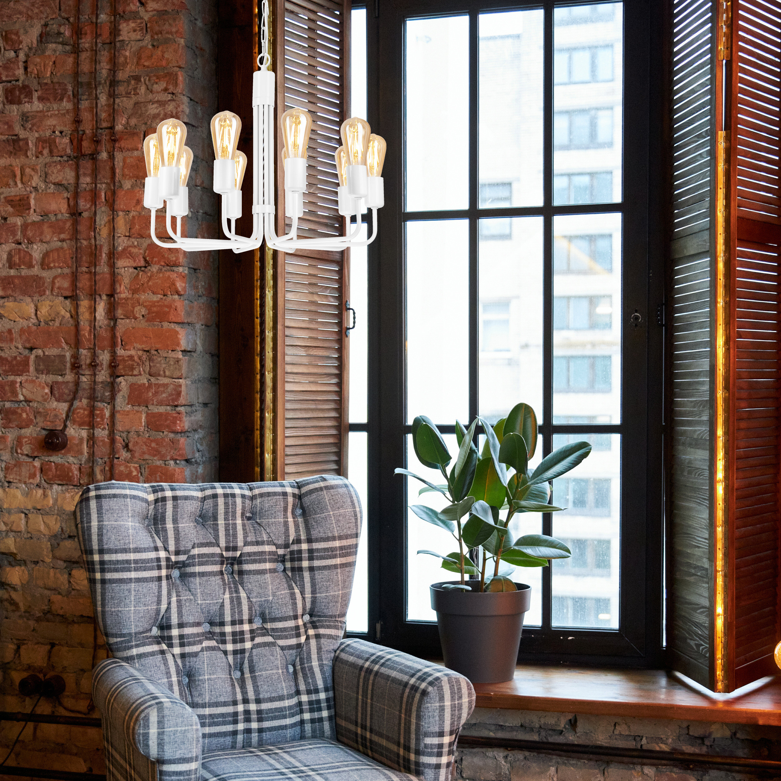 Lamkur Pendelleuchte weiß Stahl B/H/L: ca. 54x98x54 cm E27 10 Brennstellen