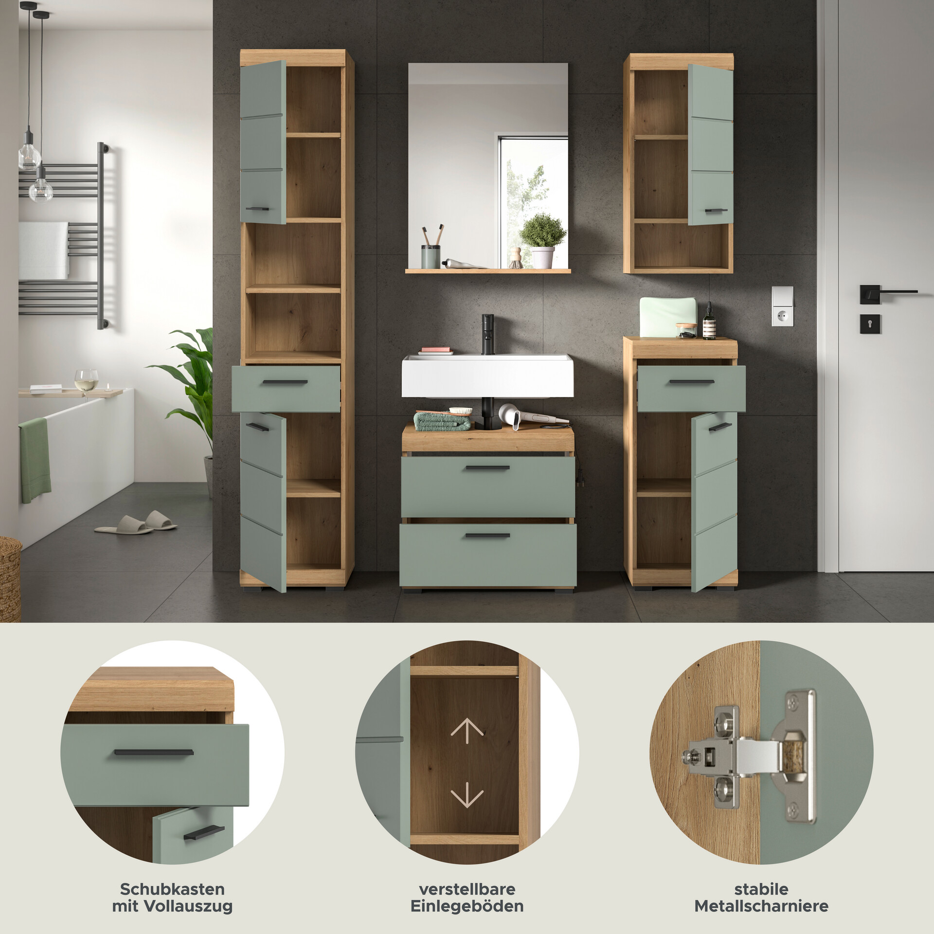 Badezimmer-Set Scout Eiche Artisan Nachbildung salbei Nachbildung B/H/T: ca. 164x191x37 cm