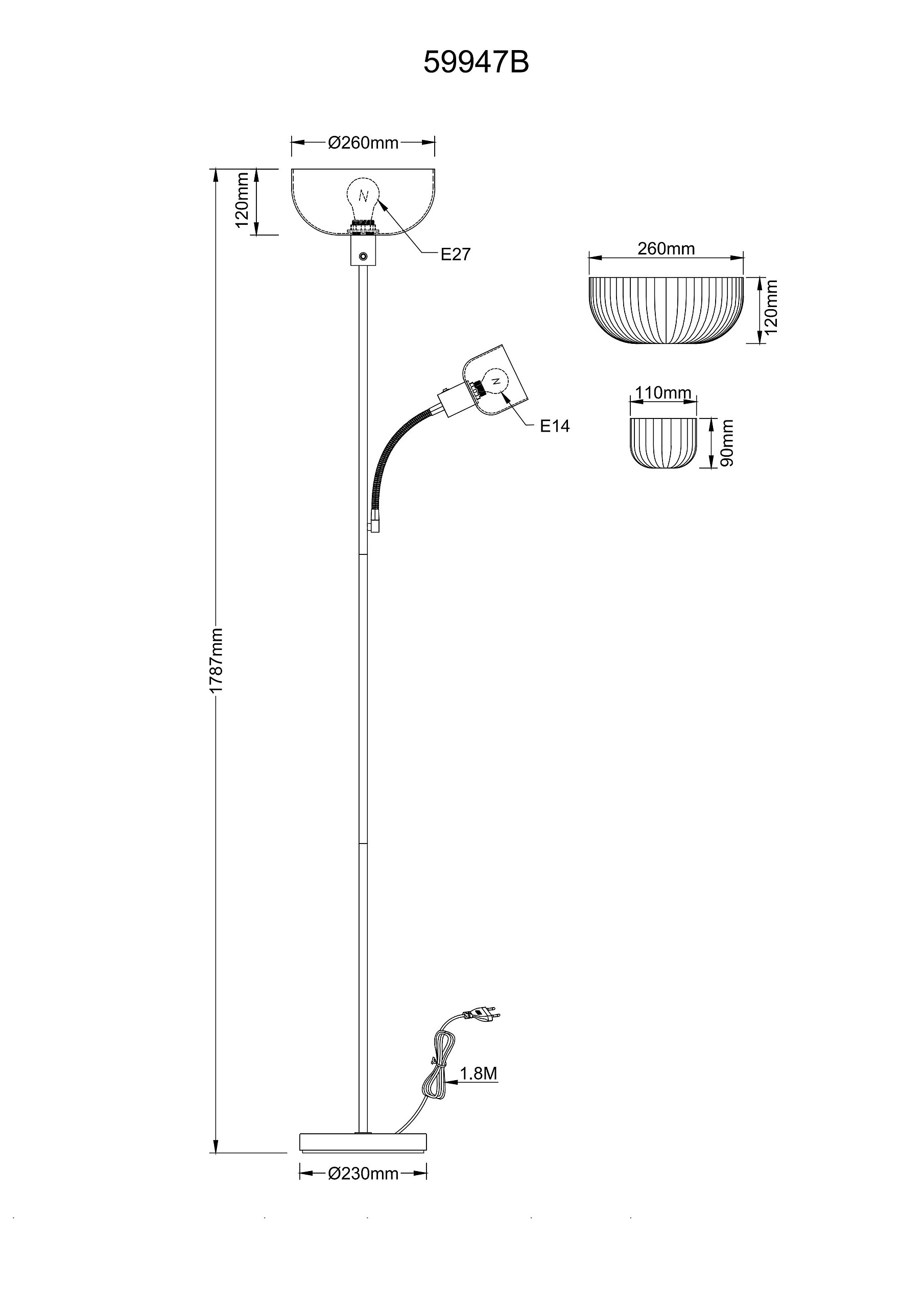 GLOBO Stehleuchte schwarz Metall Kunststoff B/H/L: ca. 14,5x67,5x33 cm 2 Brennstellen