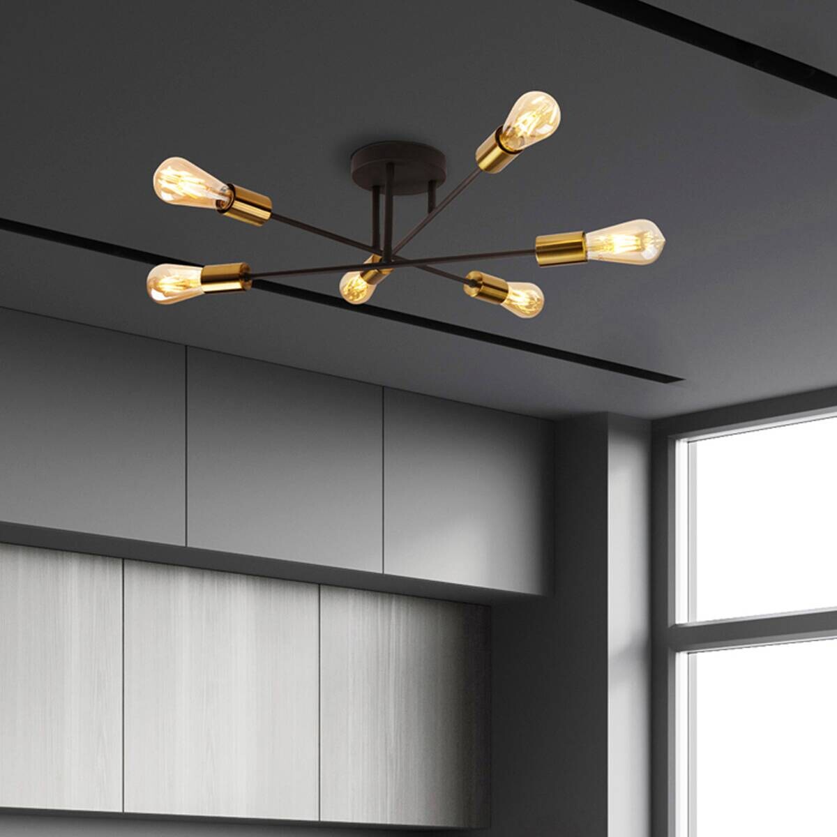 Searchlight Deckenleuchte Armstrong messing schwarz Stahl B/H/D: ca. 64x20x64 cm E27 6 Brennstellen