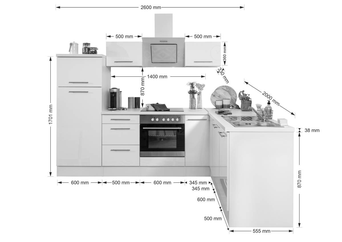 Respekta Küchenblock Premium weiß hochglänzend B/H/T: ca. 260x200x200 cm