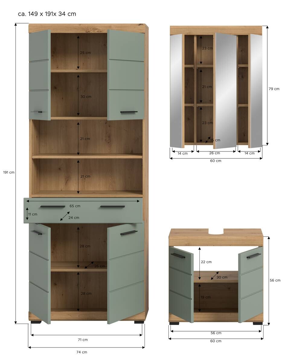 Badezimmer-Set Scout Eiche Artisan Nachbildung salbei Nachbildung B/H/T: ca. 149x34x191 cm