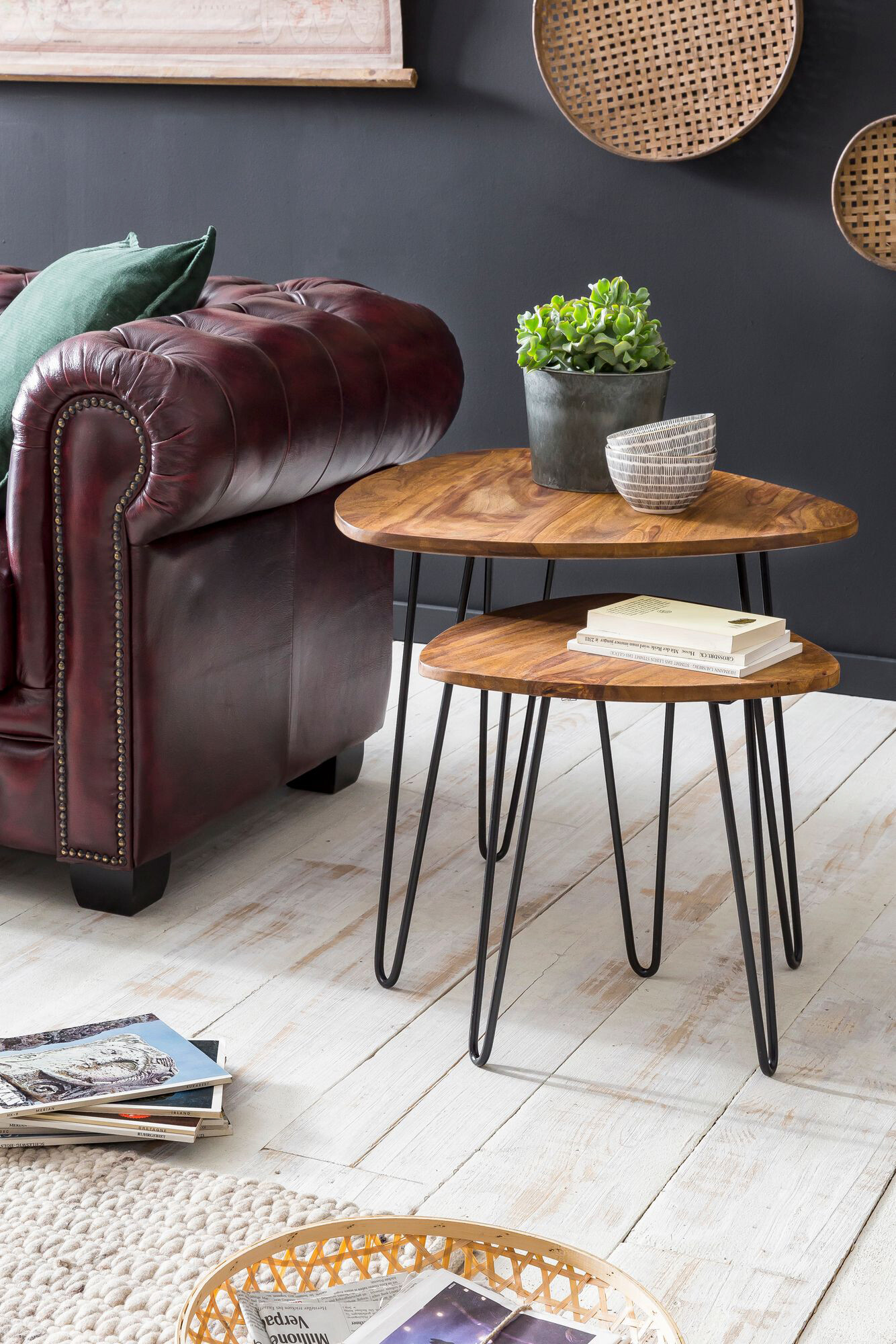 Beistelltisch 2er-Set natur schwarz Echtholz Eisen