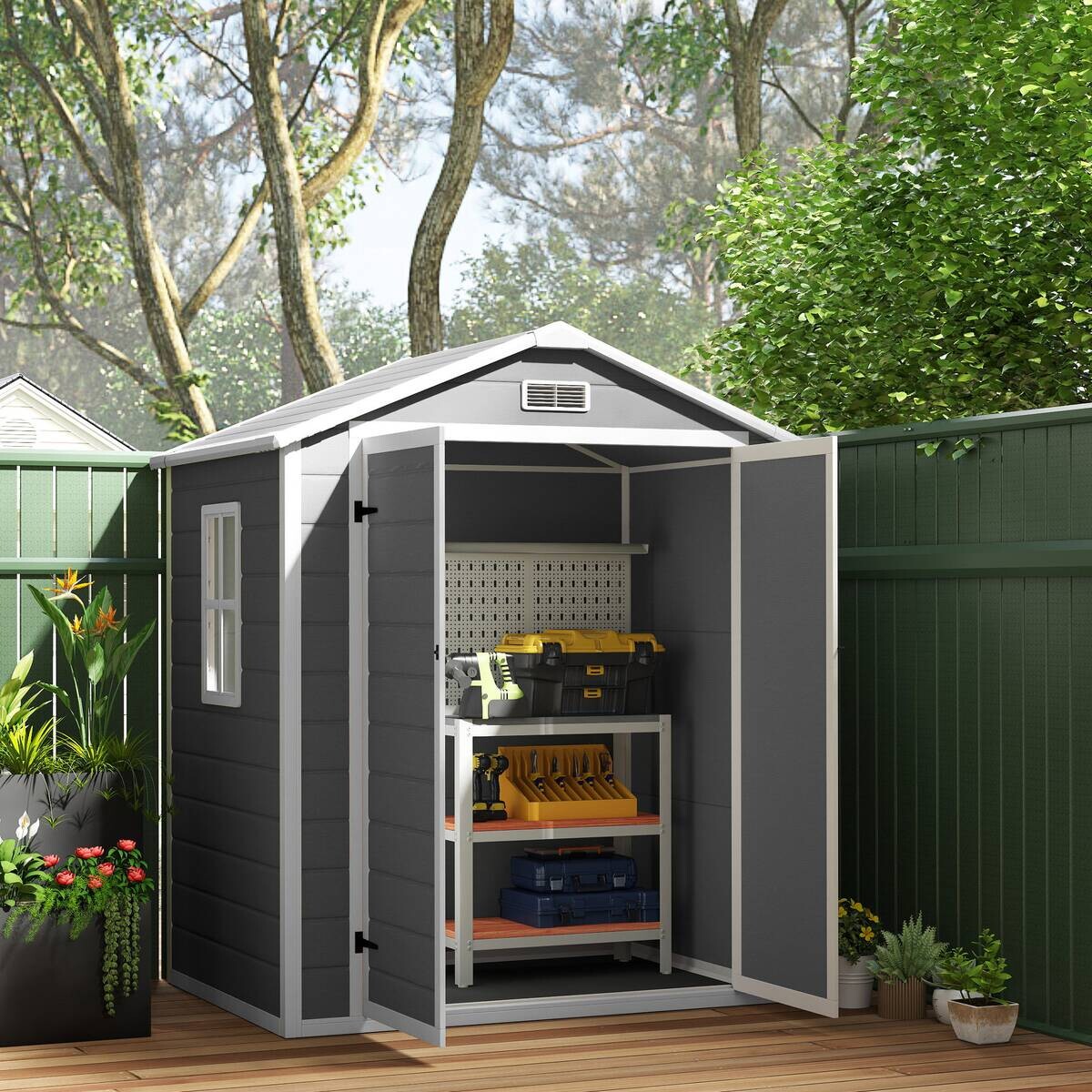 Outsunny Gartenschuppen grau Kunststoff B/H/L: ca. 134x210x183 cm