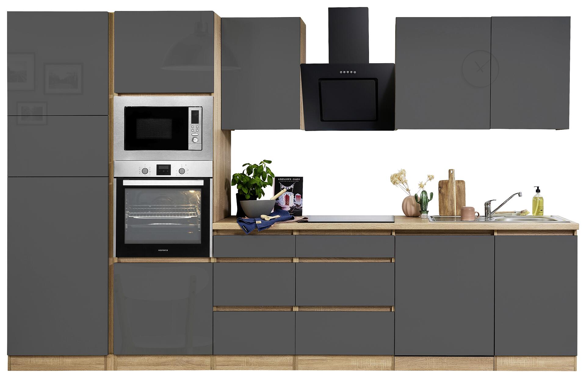 Respekta Küchenblock Premium grau hochglänzend B/H/T: ca. 345x220,5x60 cm