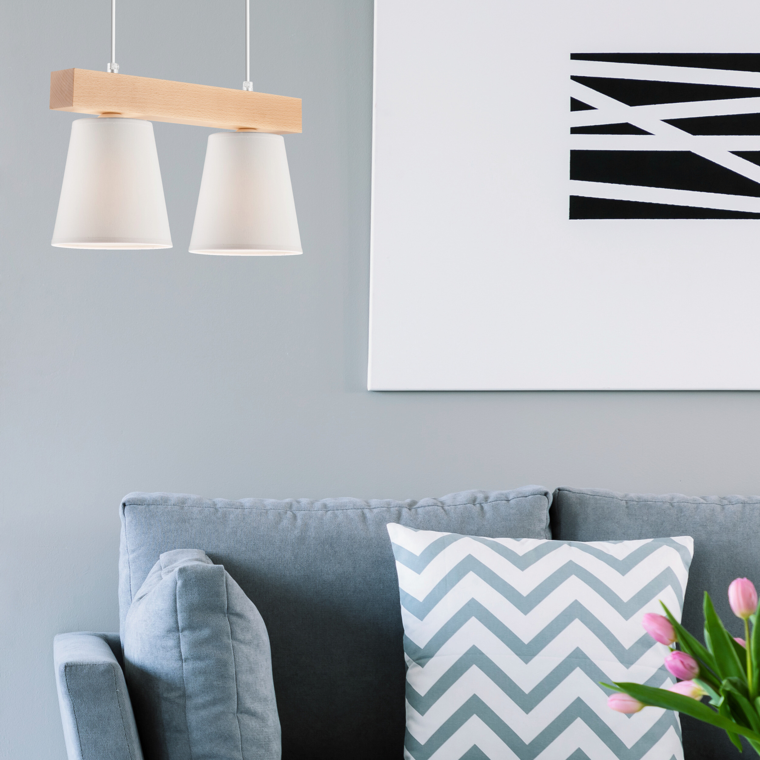 Lamkur Hängeleuchte weiß Stahl Holz B/H/L: ca. 35x20x38 cm E27 2 Brennstellen