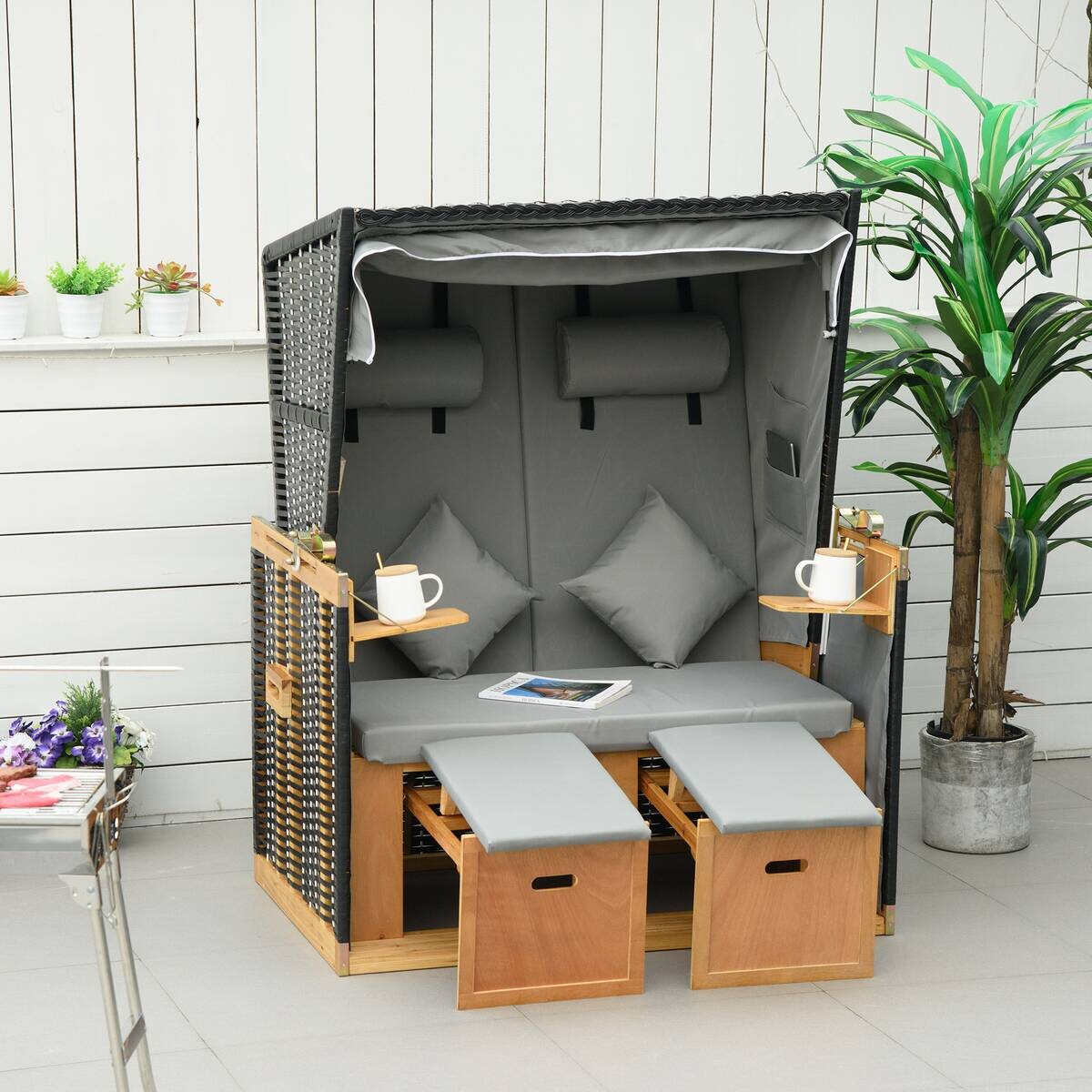 Outsunny Strandkorb hellgrau Edelstahl B/H/L: ca. 79x118x160 cm