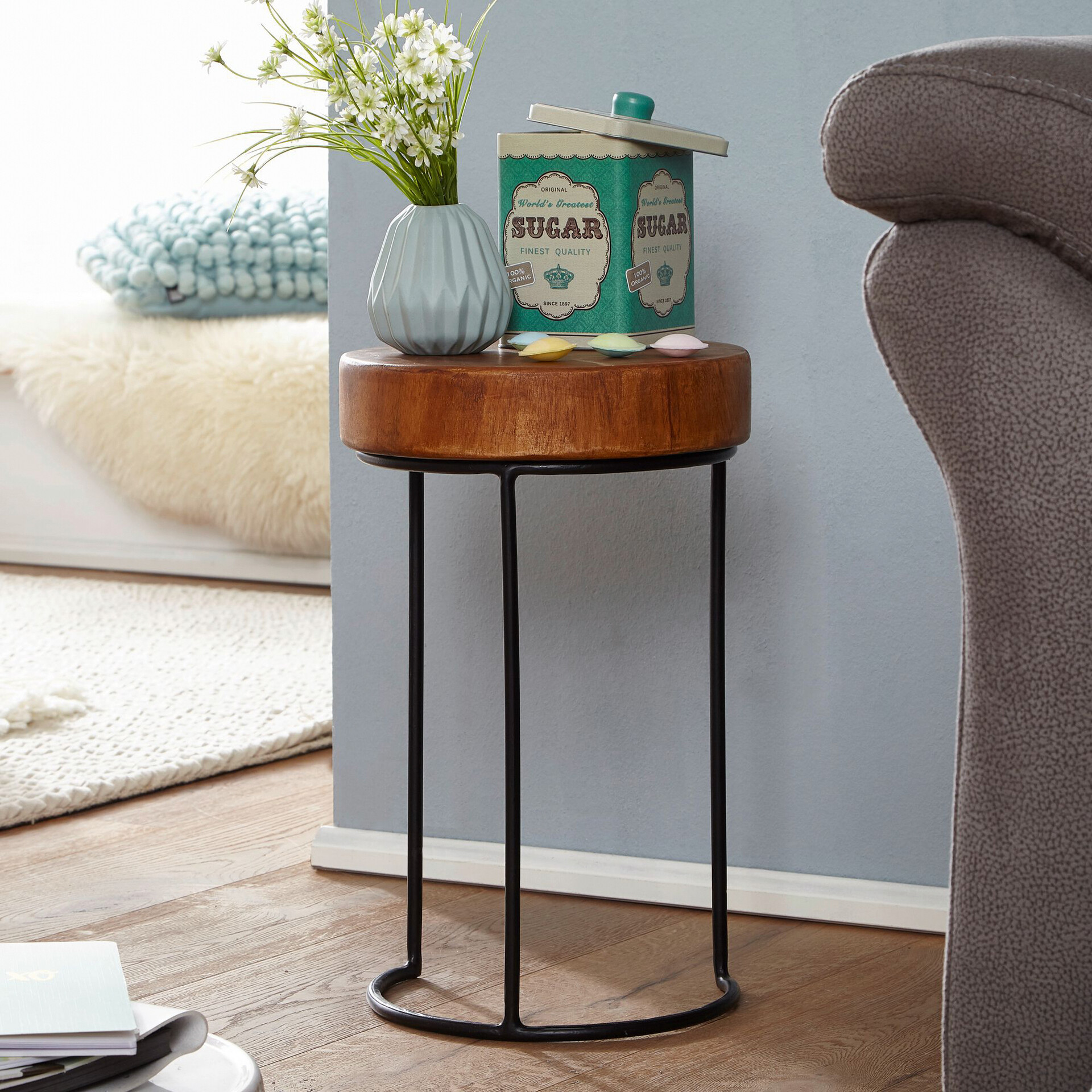 Beistelltisch natur schwarz Echtholz Metall B/H/T: ca. 28x45x28 cm