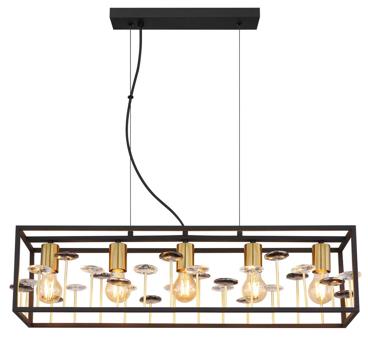 GLOBO Pendelleuchte LISBON 15644H1 gold Rauch mattschwarz Metall Glas B/H/L: ca. 77x120x18 cm E27 5 Brennstellen