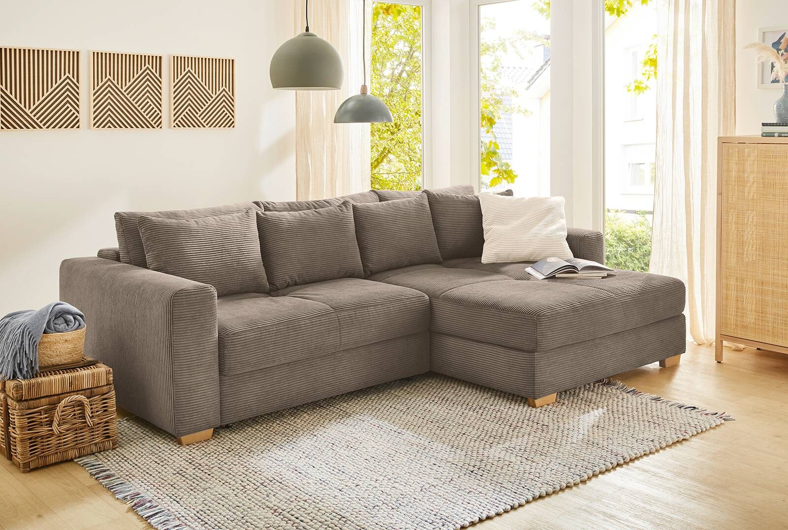 Ecksofa mit Bettfunktion und Bettkasten taupe Velourstoff B/H/T: ca. 288x86x186 cm