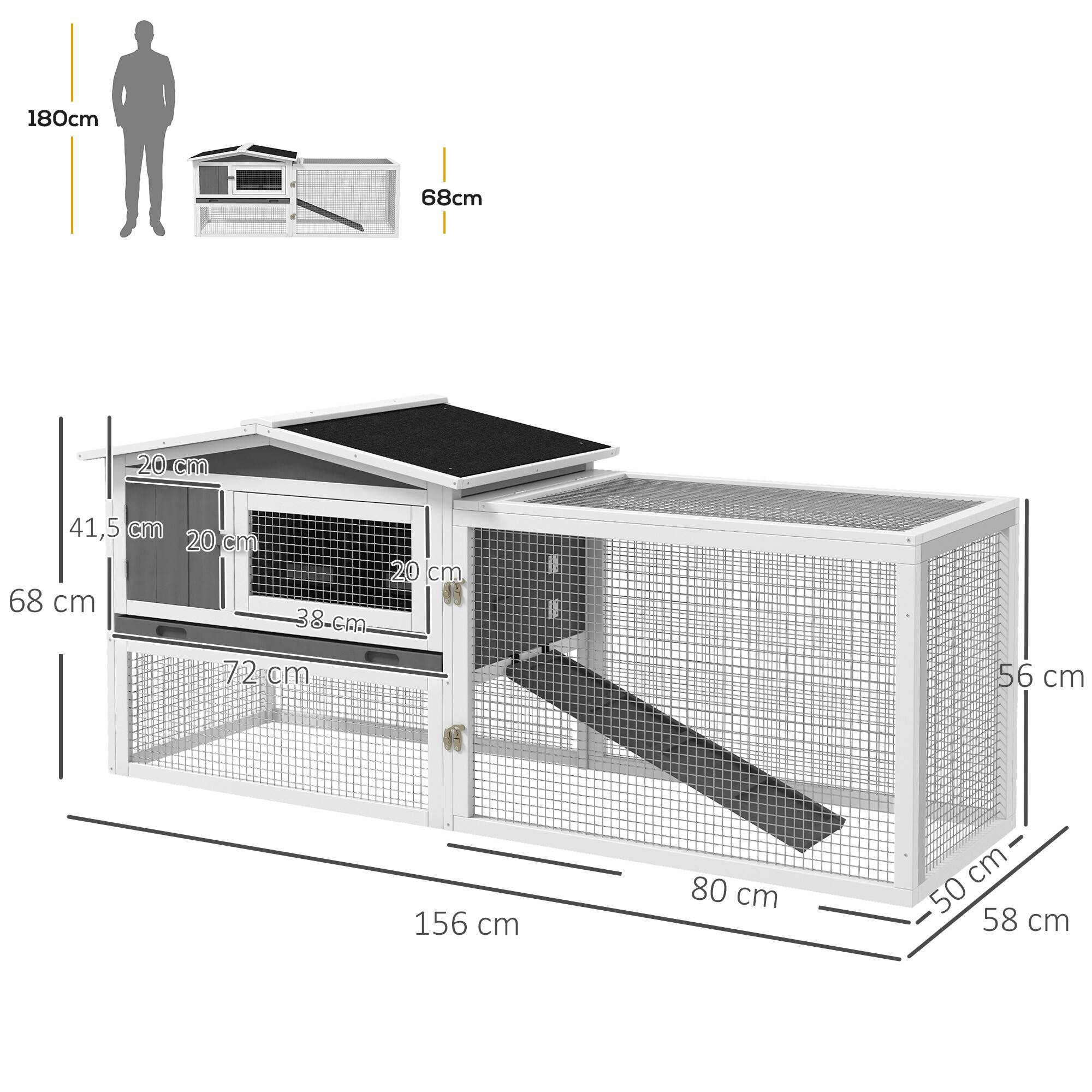PawHut Zwergkaninchenstall hellgrau Holz B/H/L: ca. 58x68x156 cm