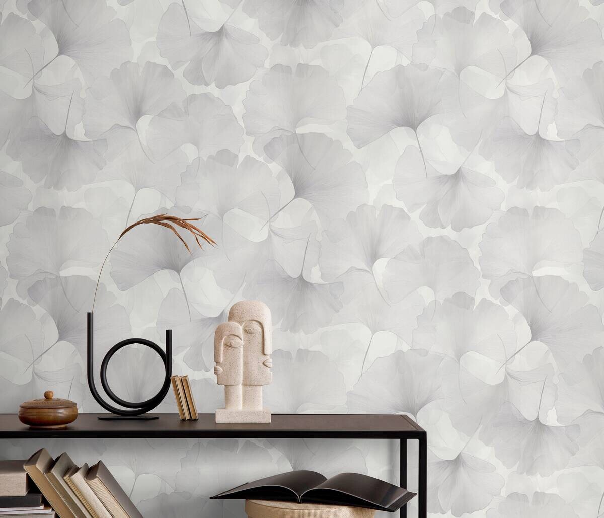 Vliestapete Blätter silber weiß B/L: ca. 53x1005 cm glitzernd