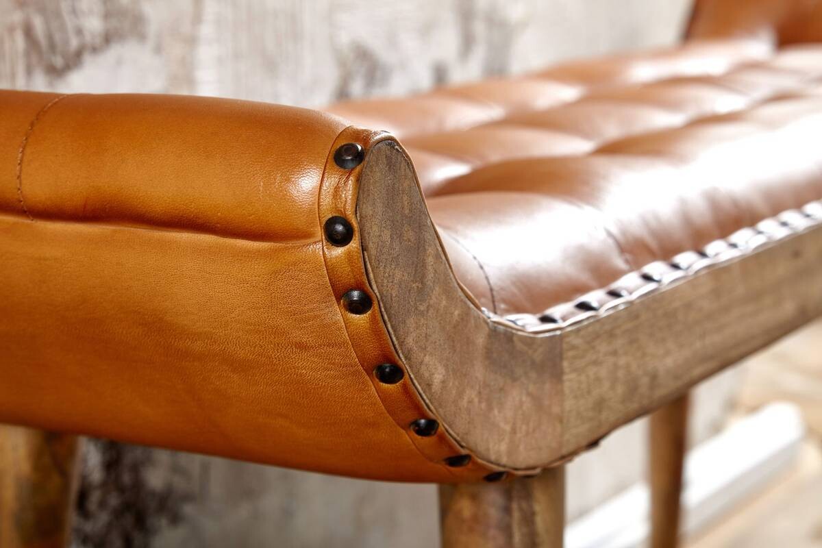 Wohnling Sitzbank braun natur Leder Echtholz B/H/T: ca. 125x50x38 cm