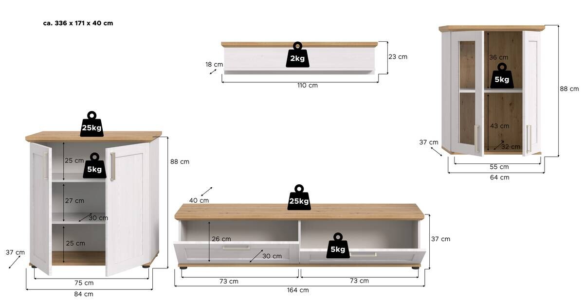 Wohnwand VERONA Lärche Nachbildung Eiche Nachbildung B/H/T: ca. 336x161x40 cm